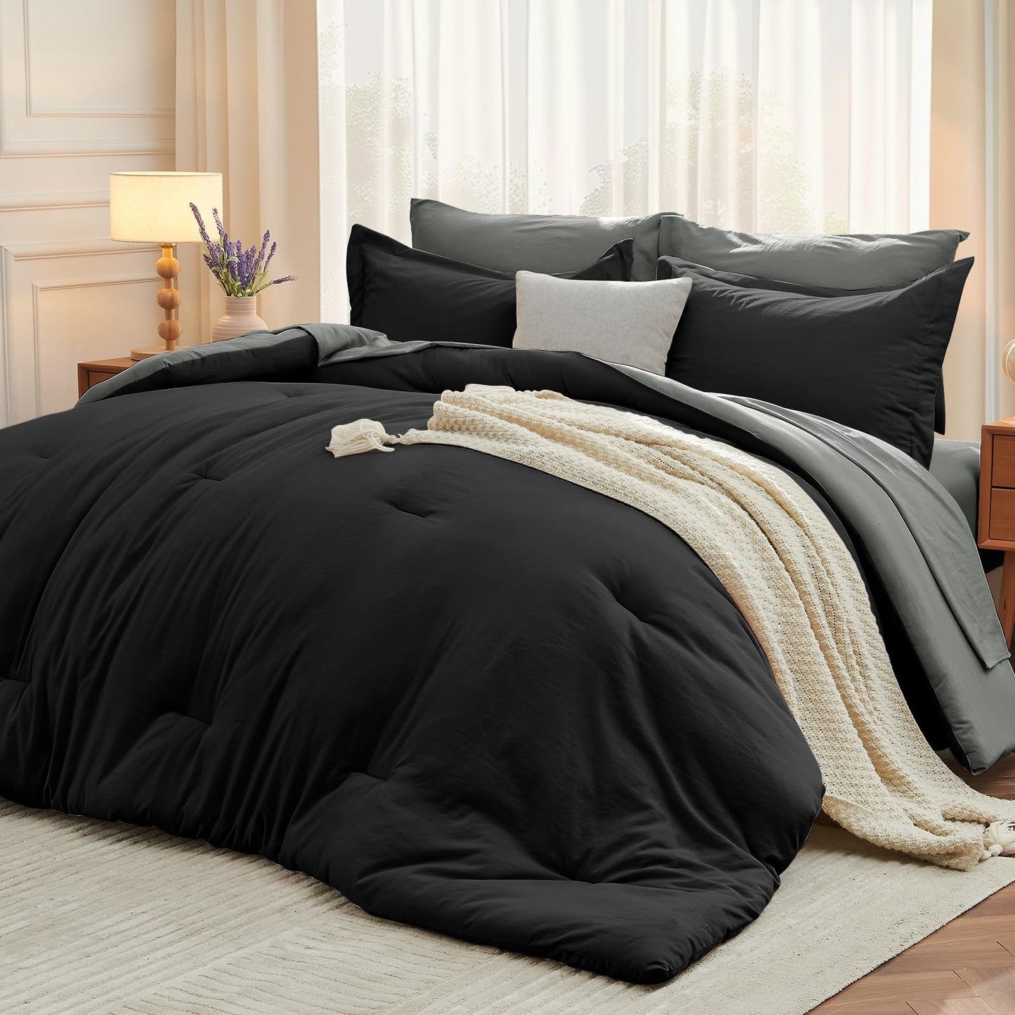 MUXHOMO 7 Pieces King Comforter Set, Soft Bed in a Bag King Size, All Season Bedding Set with Comforter, Flat Sheet, Fitted Sheet, Pillowcases & Shams, Black & Grey