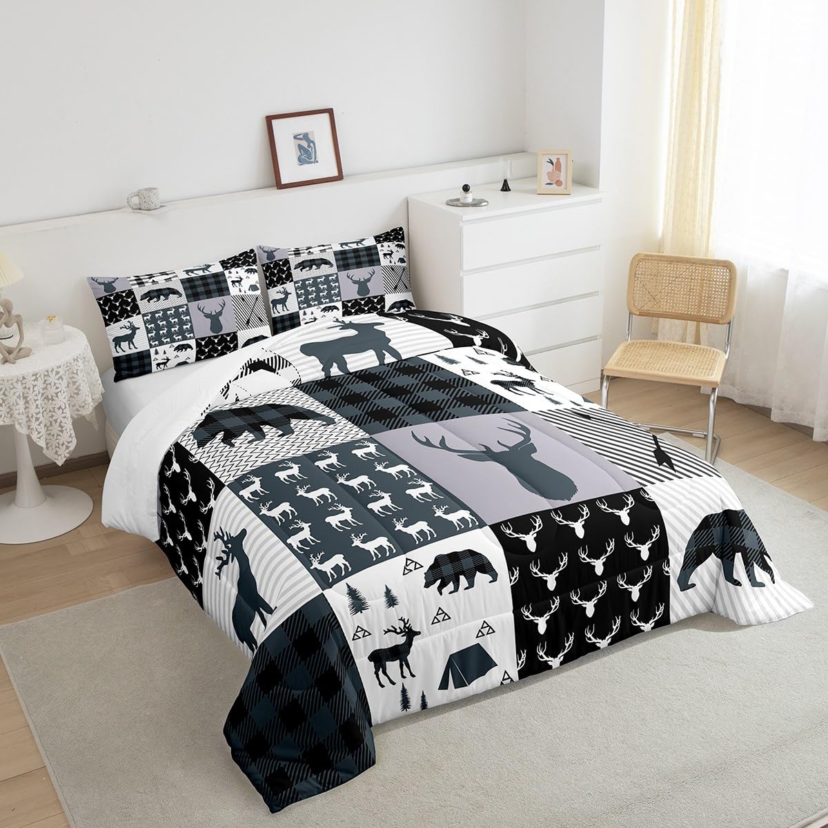 Feelyou Rustic Deer Bear Comforter Set Twin, Camping Hunting Comforter Set for Kids Western Farmhouse Comforter Bear Antler Silhouette Duvet Set Breathable Quilt Set 2Pcs