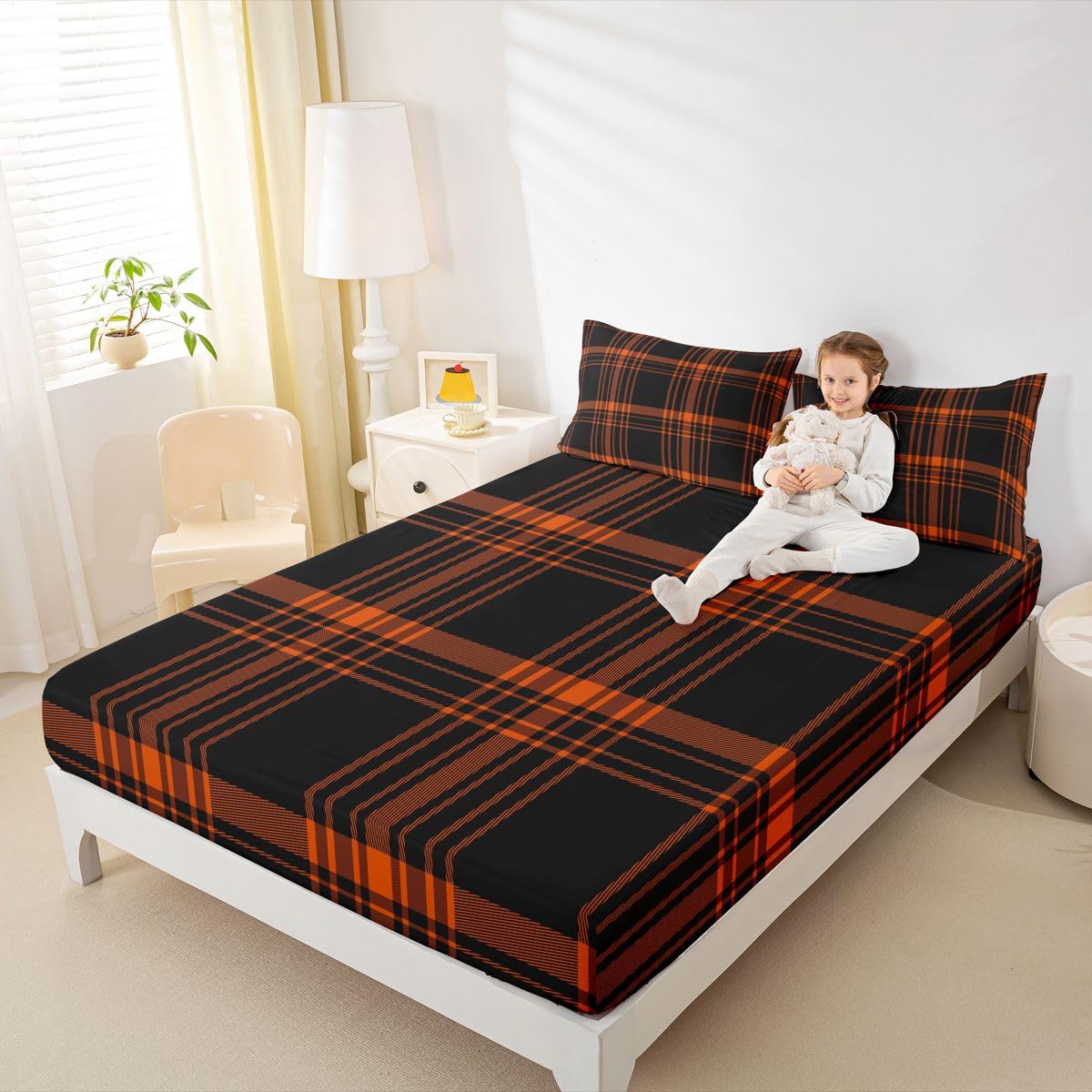 jejeloiu Classic Red Black Plaid Fitted Sheet with 1 Pillowcase Twin Size Checkerboard Bed Sheets Set 16" Deep Pocket Boys Girls Farmhouse Bedding Aesthetic Grid Teens Bedroom Decor Breathable