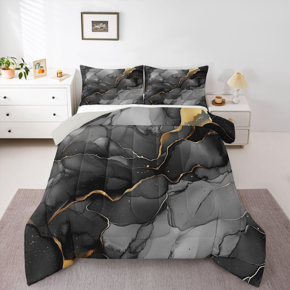 Erosebridal Marble Comforter Set King Black Grey Marble Print Bedding Set Gold Liquid Quicksand Design Comforter for Kids Boys Girls,Modern Abstract Art Quilt Duvet