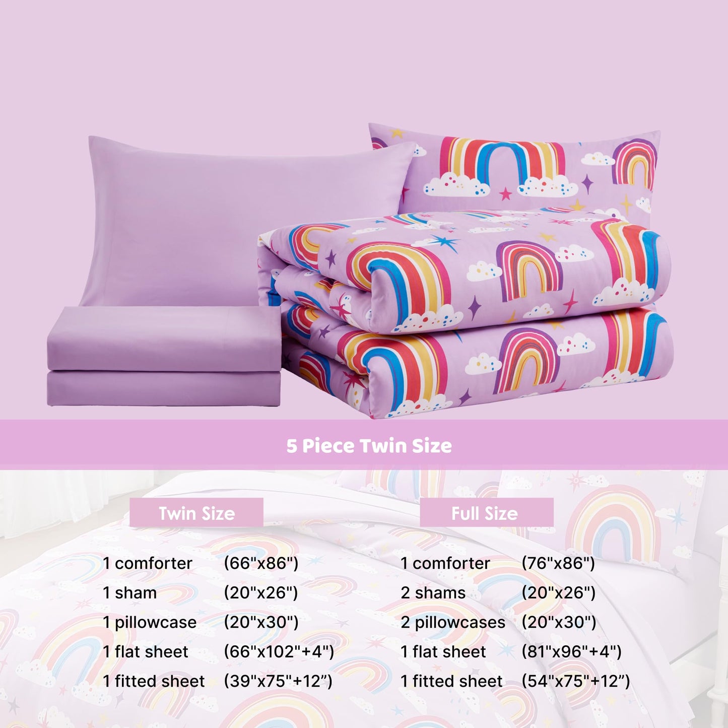 Kaleido Space Twin Kids Comforter Set - 5 Pieces Twin Bedding Sets for Girls Teen, Glow in The Dark Purple Rainbow Bed in A Bag with Sheets