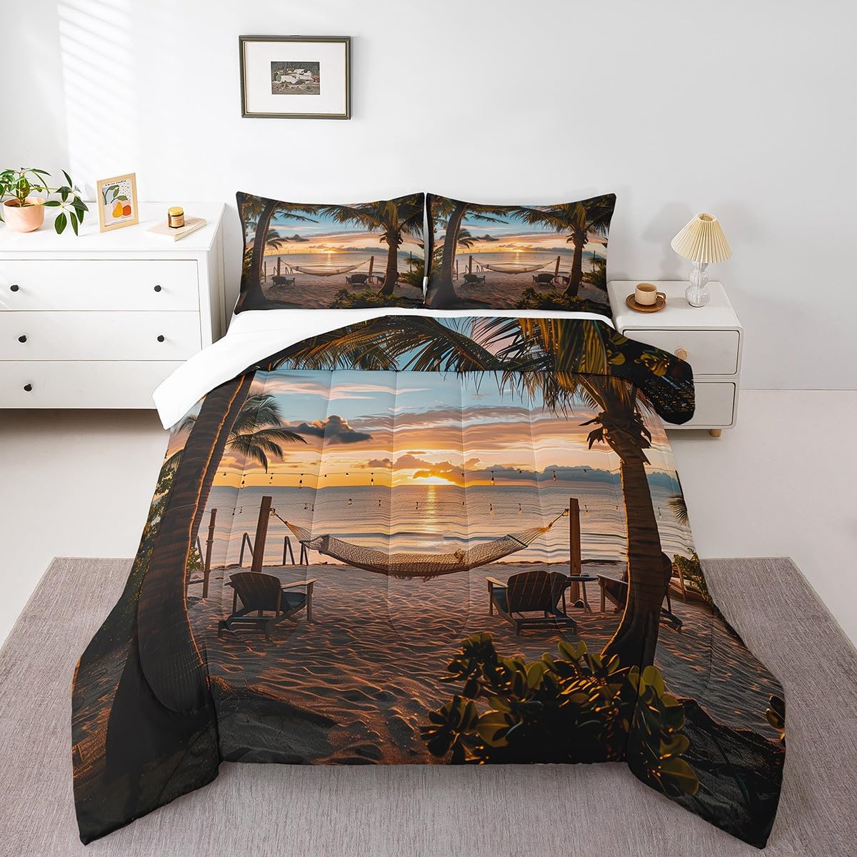 Castle Fairy Seaside Sunset Comforter Queen,Tropical Palm Tree Hawaii Ocean Theme Quilt Comforter with 2 Pillowcases,Sunny Beach Coastal Nature Theme Bedding Set Comfortable,Soft and Breathable
