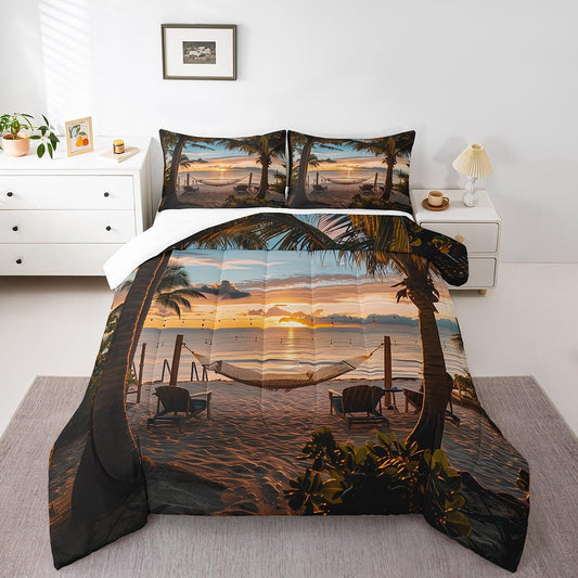 Castle Fairy Seaside Sunset Comforter Queen,Tropical Palm Tree Hawaii Ocean Theme Quilt Comforter with 2 Pillowcases,Sunny Beach Coastal Nature Theme Bedding Set Comfortable,Soft and Breathable