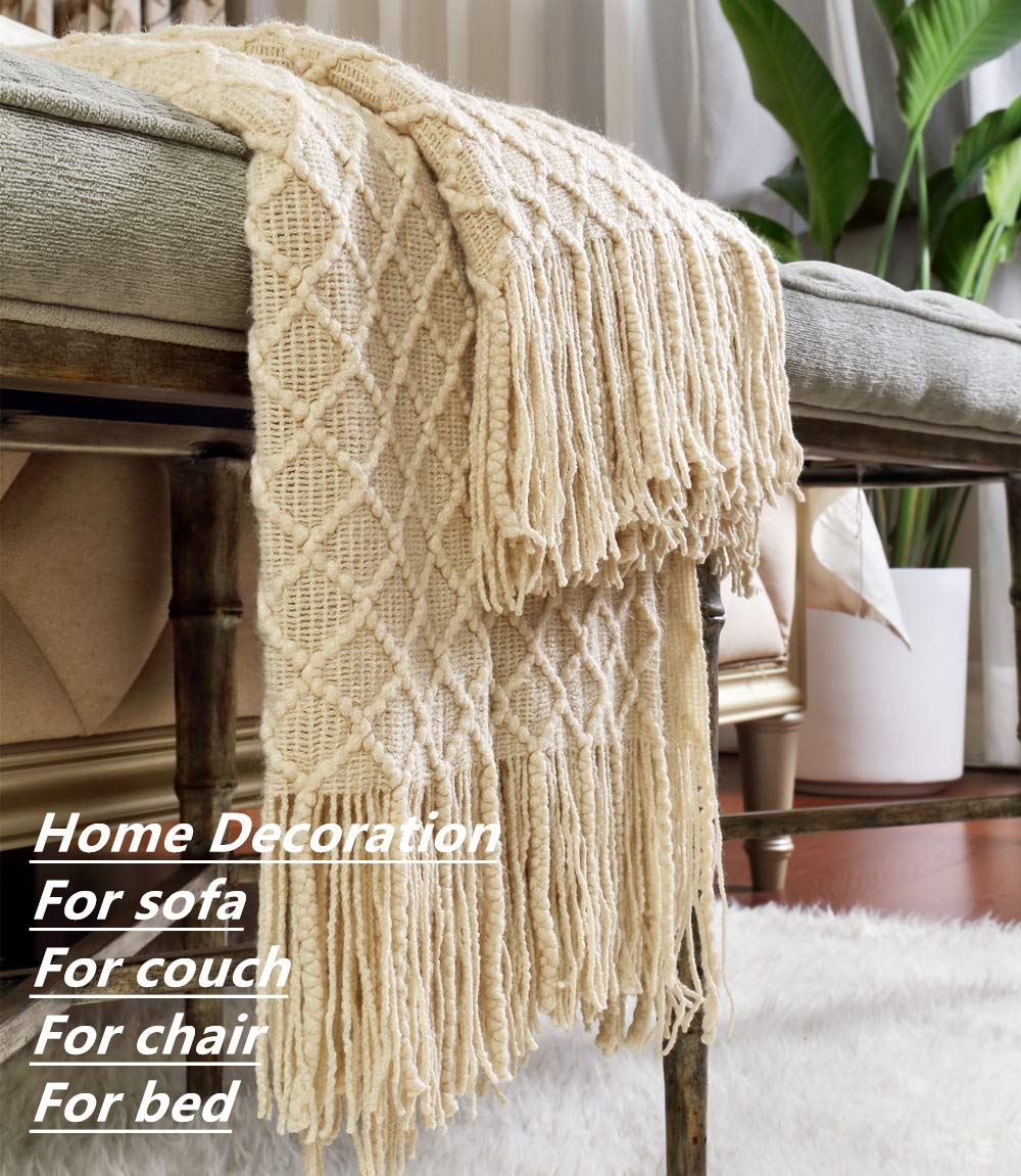 CREVENT Home Decor Rustic Couch Sofa Chair Bed Throw Blanket, Soft Warm Cozy Light Weight for Travelling in Spring Summer (50''X60'' Beige/Ivory)
