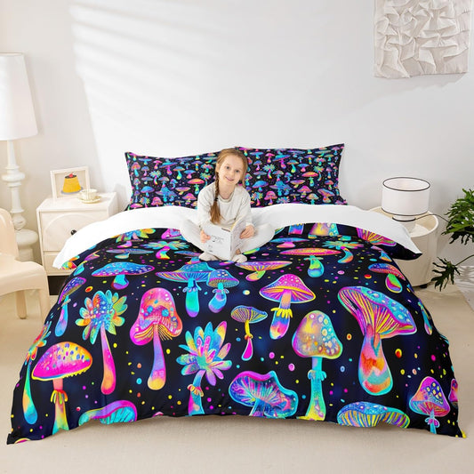 Cartoon Mushroom Duvet Cover Set Queen Size,Trippy Wild Plants Bedding Set 3pcs for Kids Teens Girls Boys Room Decor, Starry Sky Galaxy Comforter Cover Watercolor Quilt Cover with 2 Pillowcases