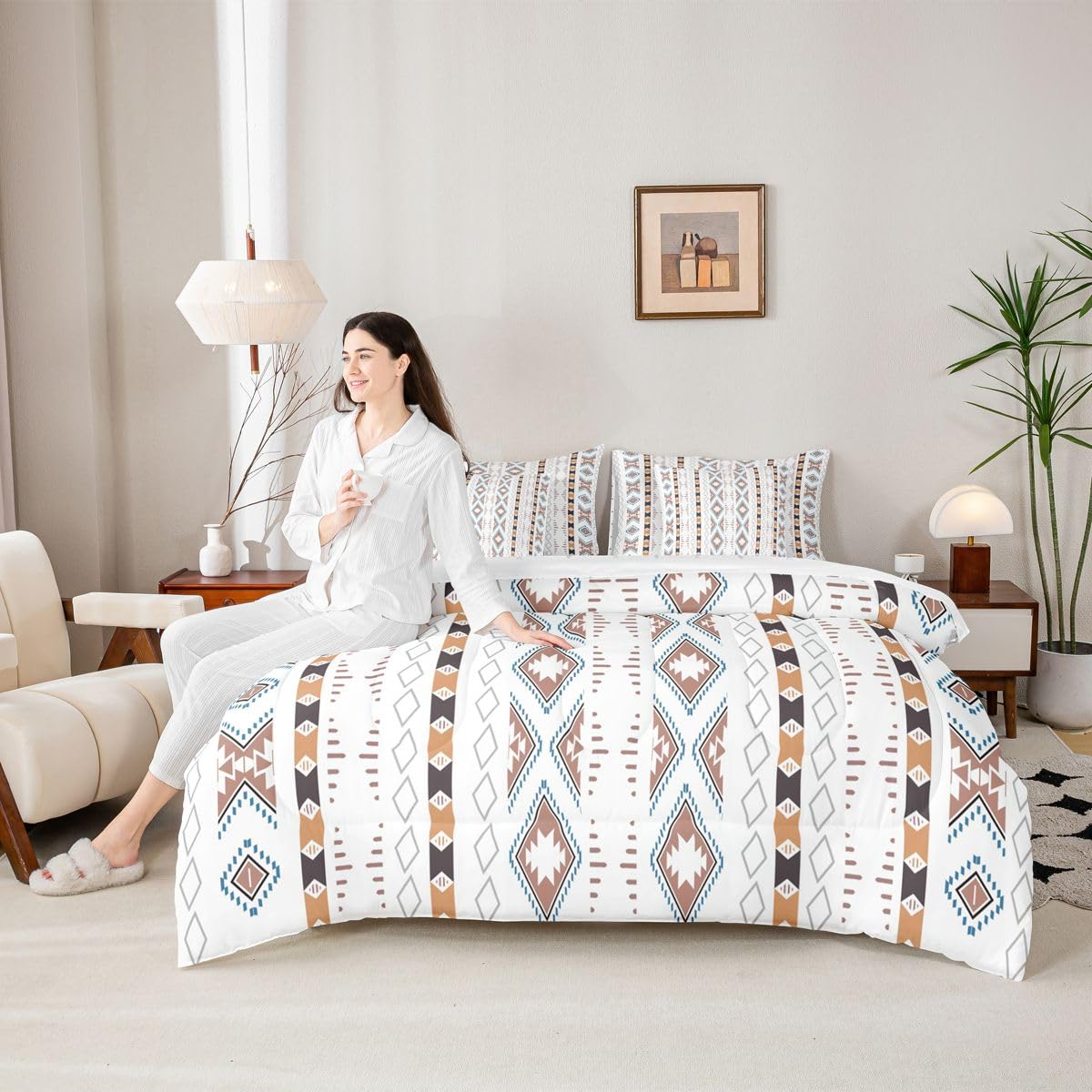 Bohemian Bed in a Bag Queen Comforter Set 7 Piece Geometric Triangle Western Bedding Sets Boho Striped Aztec Comforter and Sheet Set, Country Rustic Bed Sets Exotic Nordic Southwestern Decor,White