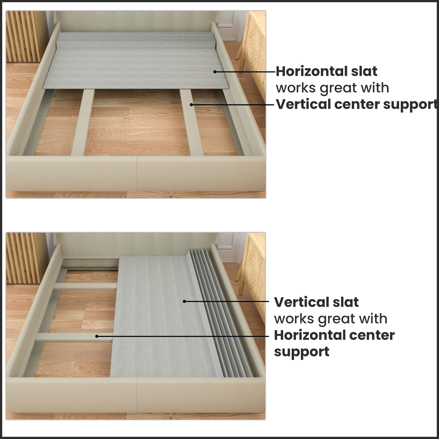 Continental Sleep, 0.75-Inch Horizontal Wooden Bunkie Board/Bed Slats with Cover, Enhance Mattress Support, Queen, Grey