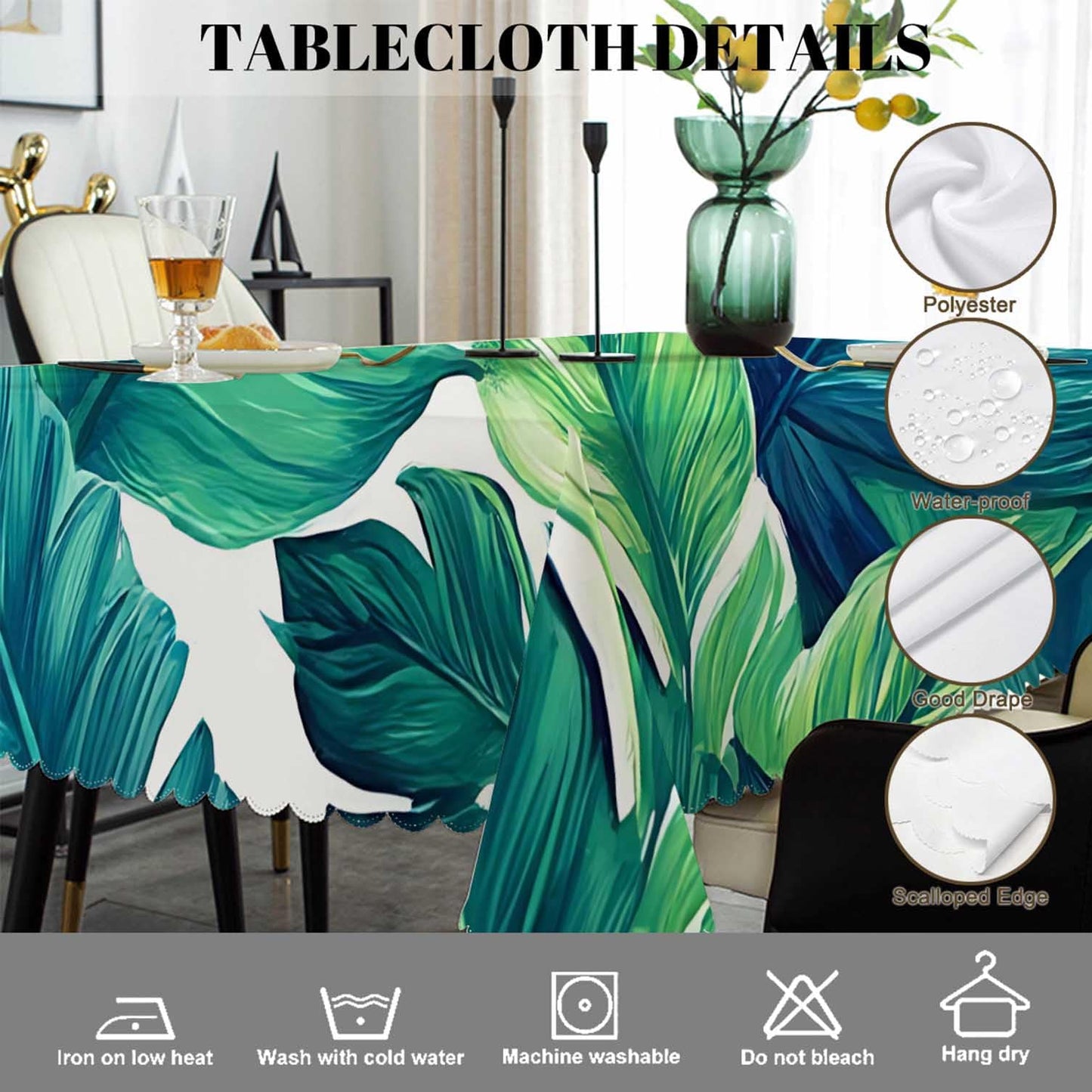 Swono Tropical Leaves Tablecloth Ocean Beach Turquoise Green Palm Leaves Rectangle Table Cloth Washable Plaid Table Cover for Kitchen Holiday Dinner, 52x 70 Inch Tablecloth