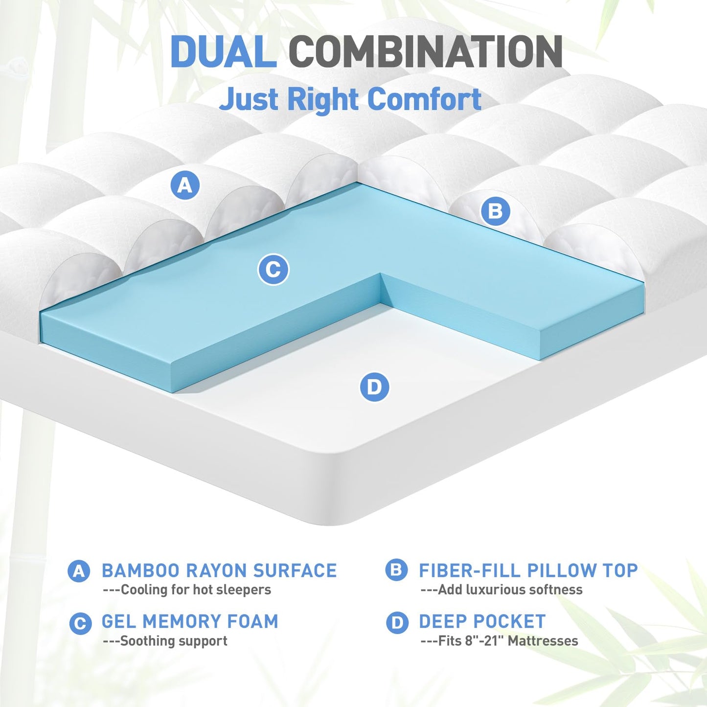 Dual Layer 3 Inch Memory Foam Mattress Topper Queen Size, 2 Inch Cooling Gel Memory Foam Plus 1 Inch Pillow Top Mattress Pad Cover, with 8-21 Inch Deep Pocket