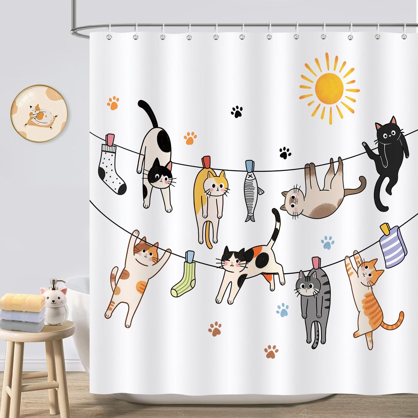 COZZSNUGE Cute Cat Shower Curtain, Funny Kitten Animal Kids Cat Lover Shower Curtain for Bathroom Waterproof Polyester Fabric with 12 Hooks, 72 x 72 Inches