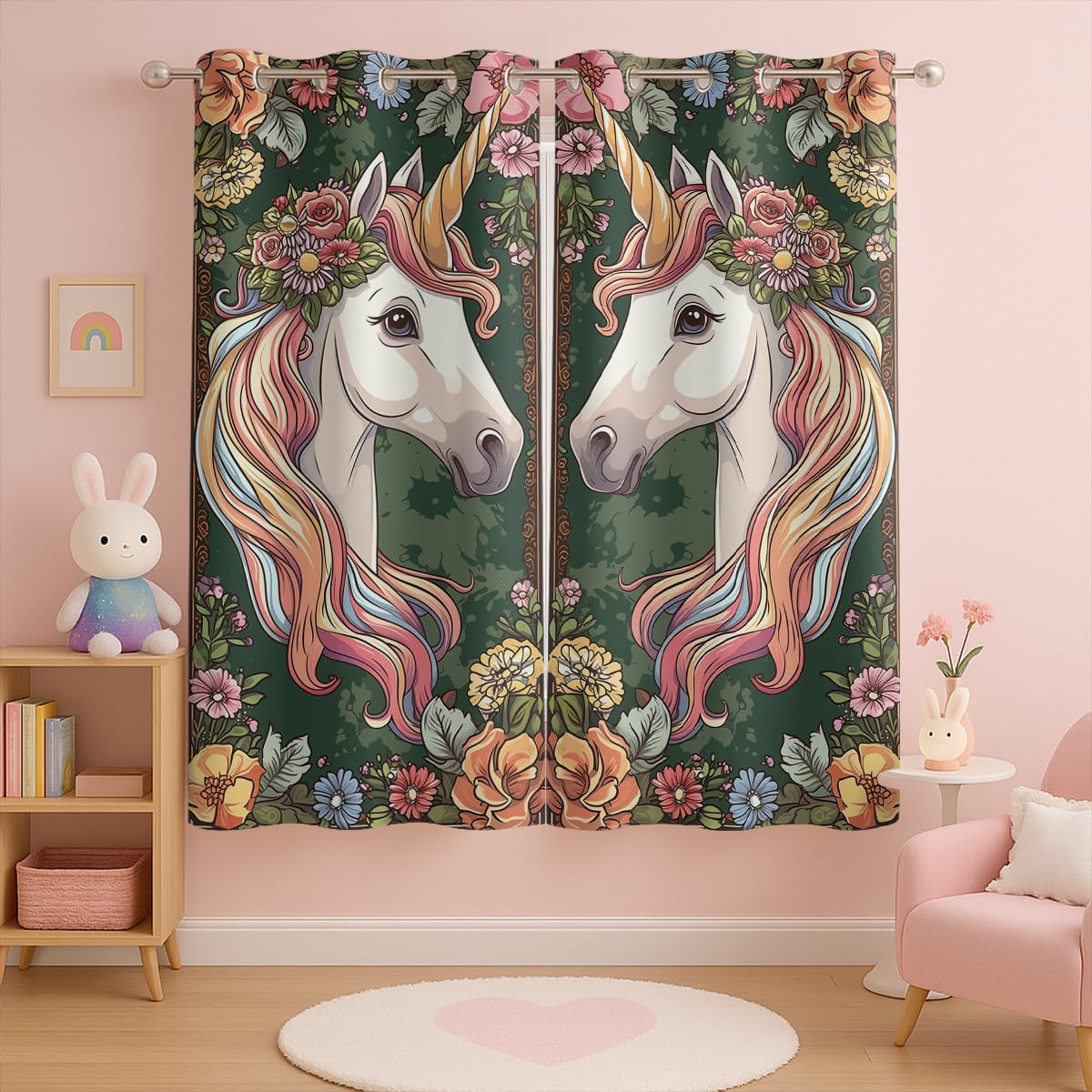 Unicorn Princess Blackout Curtains for Girls Boys Kids Teens Home Decor, Flowers Fantasy Art Unicorn Grommet Thermal Insulated Drapes Darkening Window Curtain for Bedroom Living Room, 42 x 45 Inch