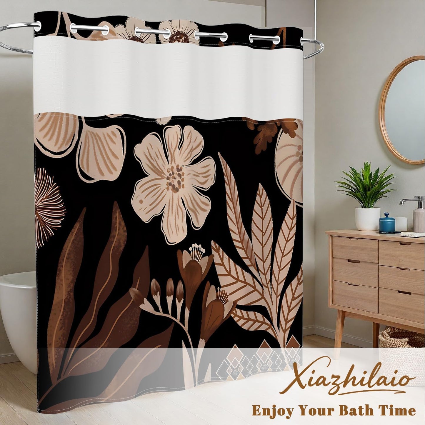 Xiazhilaio Dark Floral Shower Curtain No Hooks with Liner - 71″W x 74″L Waterproof Fabric with Mesh Top Window, Abstract Botanical Plant Leaves Pattern Bath Curtain for Boho Modern Bathroom Decor