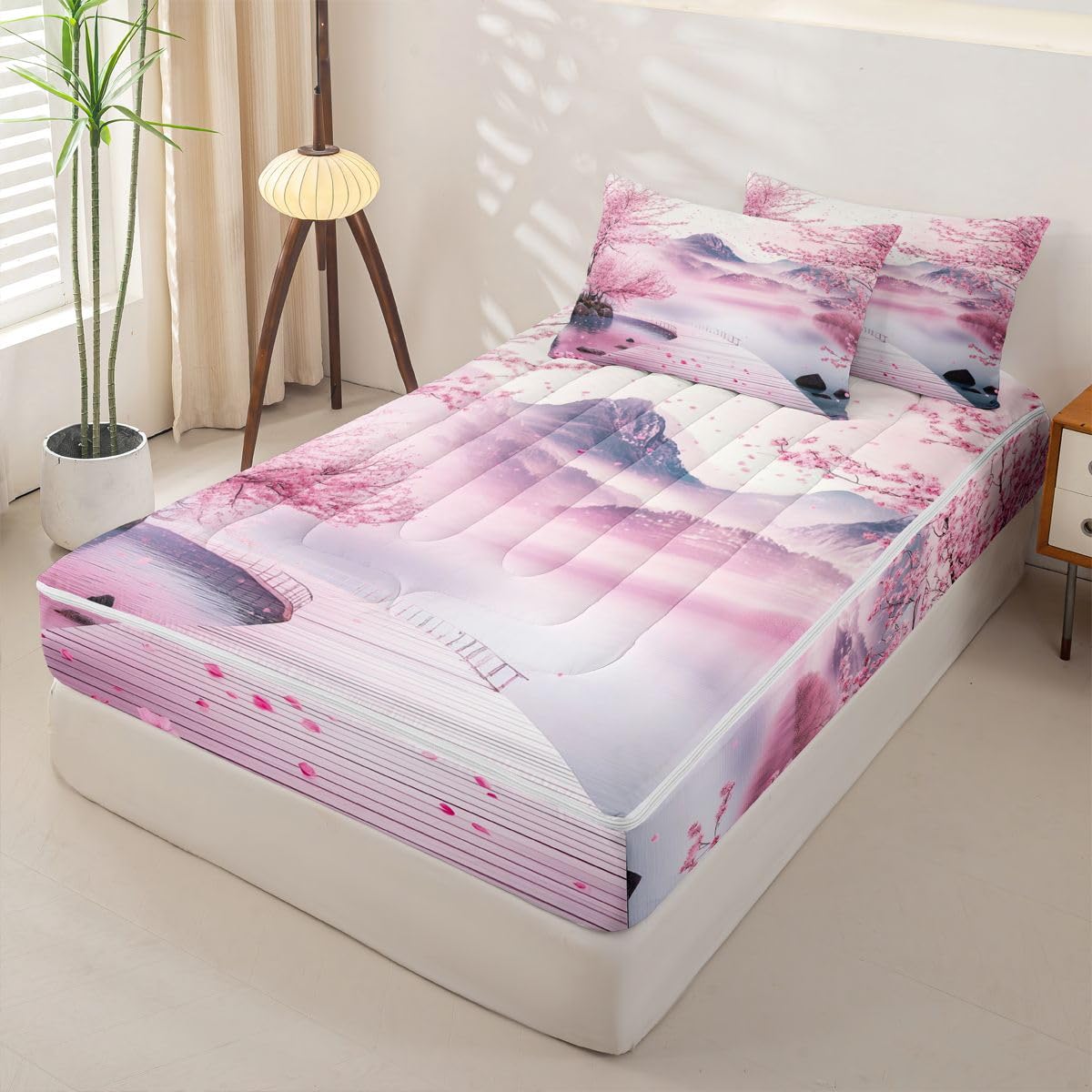 Erosebridal Pink Japanese Kids Comforter Set with Zipper, Japanese Cherry Blossom Twin Size Zipper Bedding Set, Watercolor Ink Painting Bed-in-A-Bag