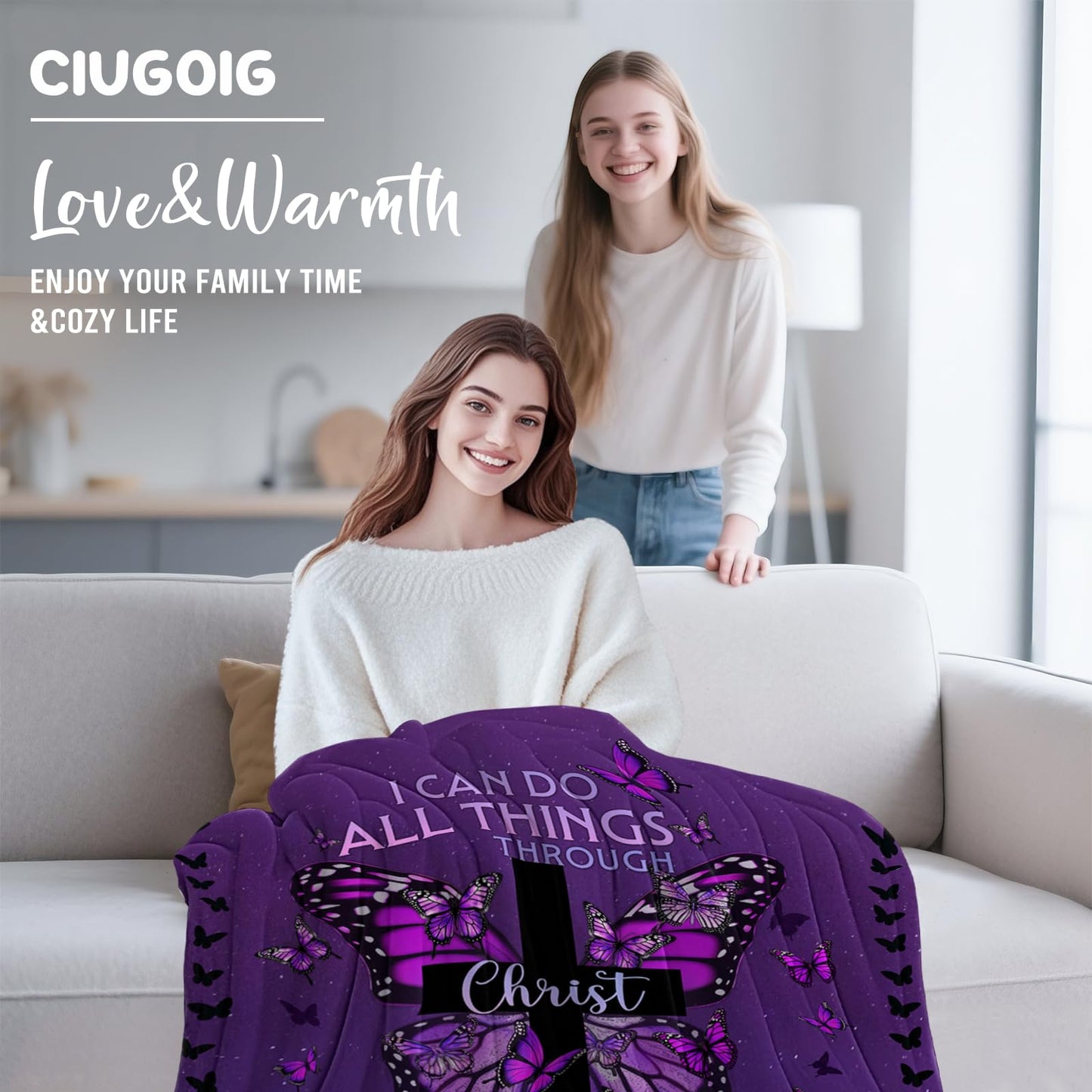 CIUGOIG Christian Gifts for Women - I Can Do All Things Christ Blanket 50"x60" - Inspirational Religious Birthday Catholic Spiritual Gifts Faith Based Gift - Purple Christian Throw, Butterfly