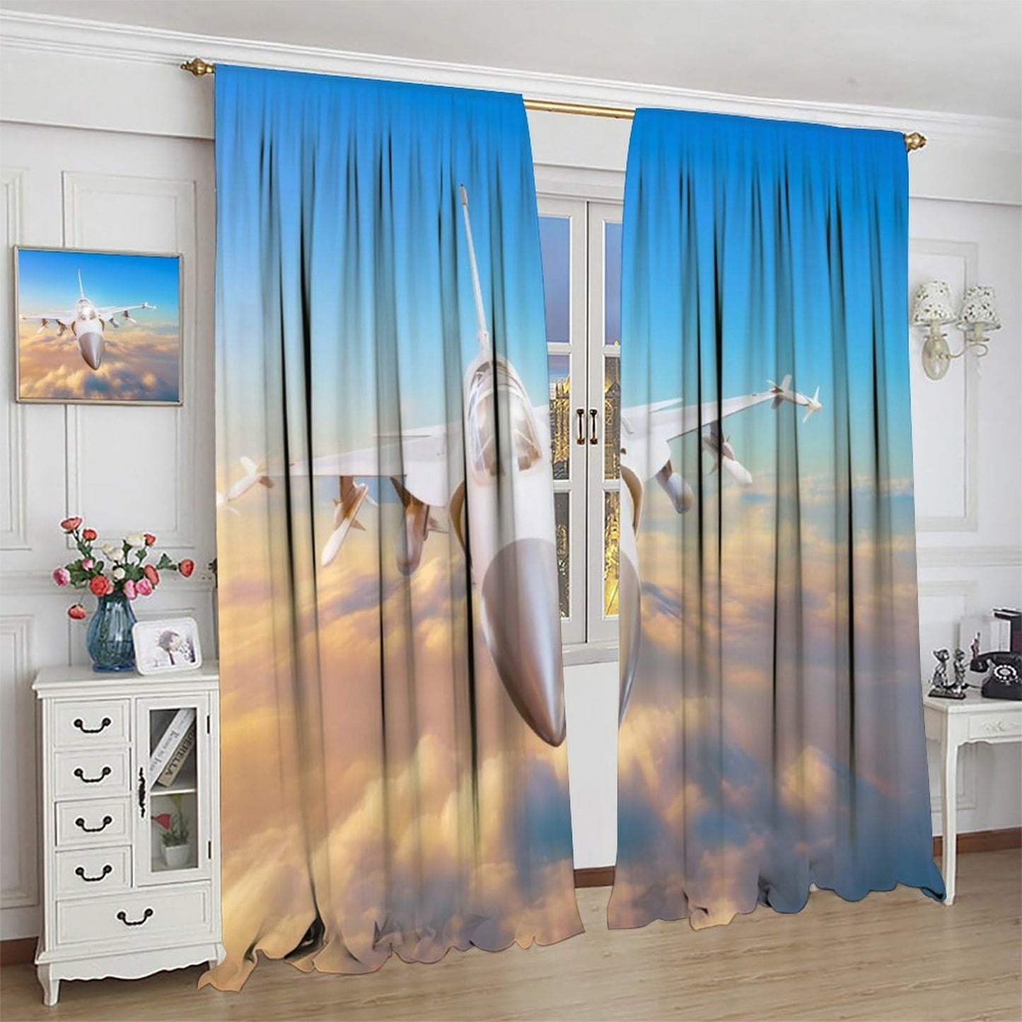 Airplane Curtains Old Military Combat Aircraft American Flag Picture Rod Pocket Window Treatments for Kids Boys Living Room Kitchen Bedroom 2 Panel Set 41" x 45" （No Blackout）