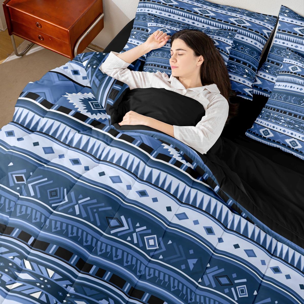 Erosebridal White Dark Blue Aztec Farmhouse Full Comforter Set 7 Pieces | Cowboy Cowgirl Bohemian Bed in A Bag for Bedroom Southwestern Adults Bedding Set with Comforters Geometric Tribal Room Decor