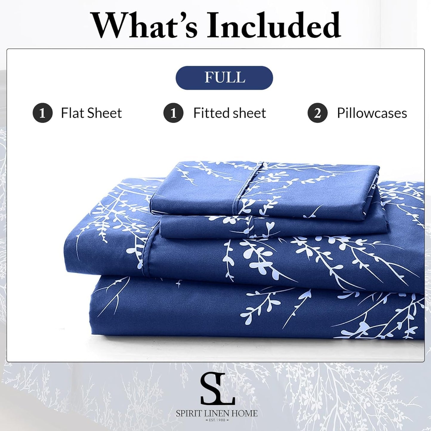 Spirit Linen home Full Size Sheets Set - Pure Microfiber 4 Piece Polyester Bed Sheets, Fitted Sheet & Pillow Cases - Full Sheets for All Seasons (Foliage Chocolate/White, Full)