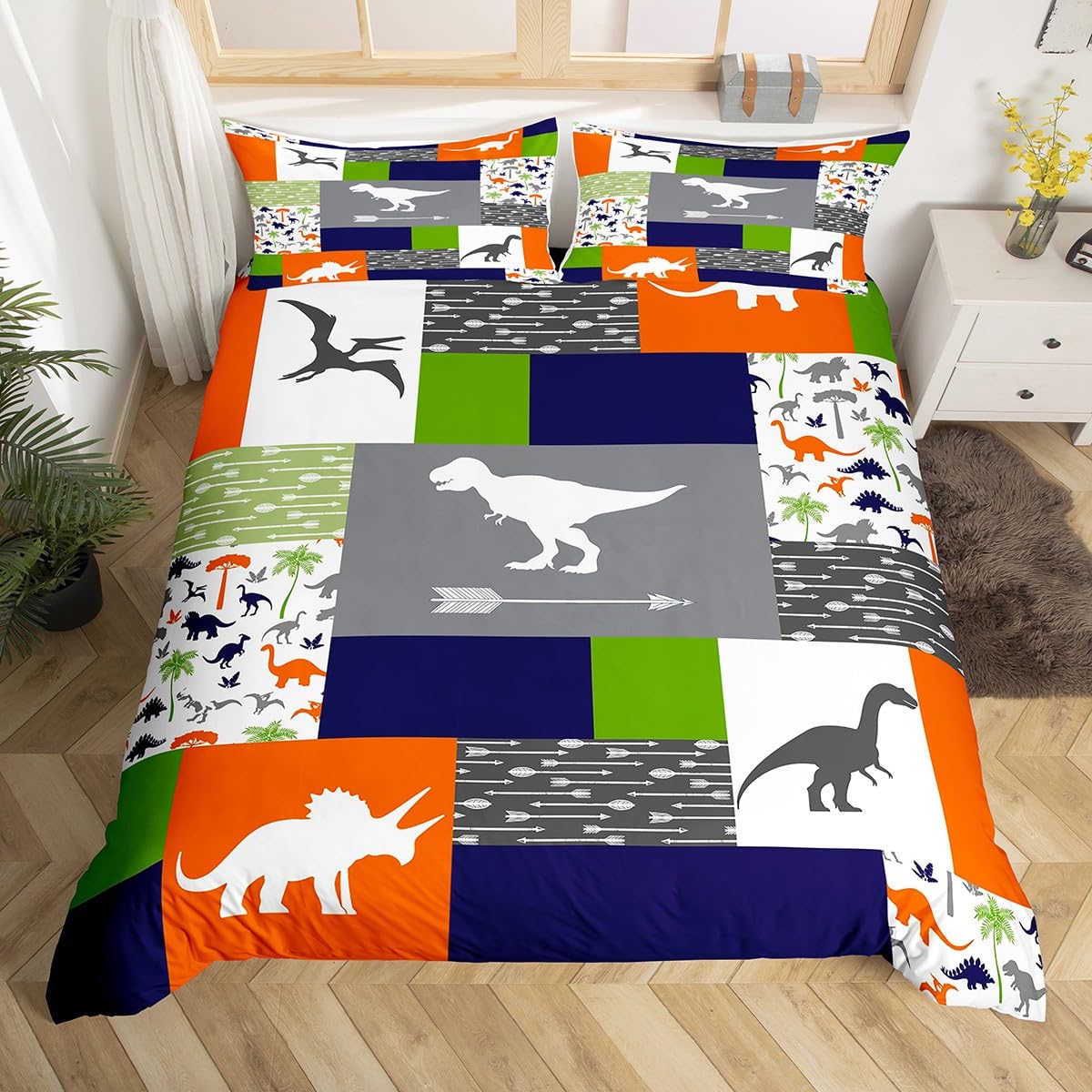 Dinosaur Bedding Set Queen,Dinosaur Silhouette Comforter Cover for Boys Girls,Kids Arrow Printed Duvet Cover Set Blue Orange Green Bedspread Cover Fashion Teens Bedroom Decor 3 Pcs Bed Collection
