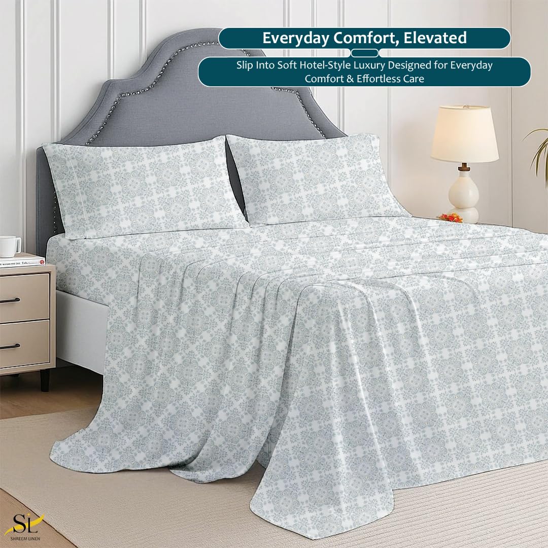 Shreem Linen Queen Sheet Set 4 Piece Bedding, Brushed Microfiber Soft Sheets for Queen Size Bed with Flat, Fitted Sheet, 2 Pillow Cases (Charm Paisley)