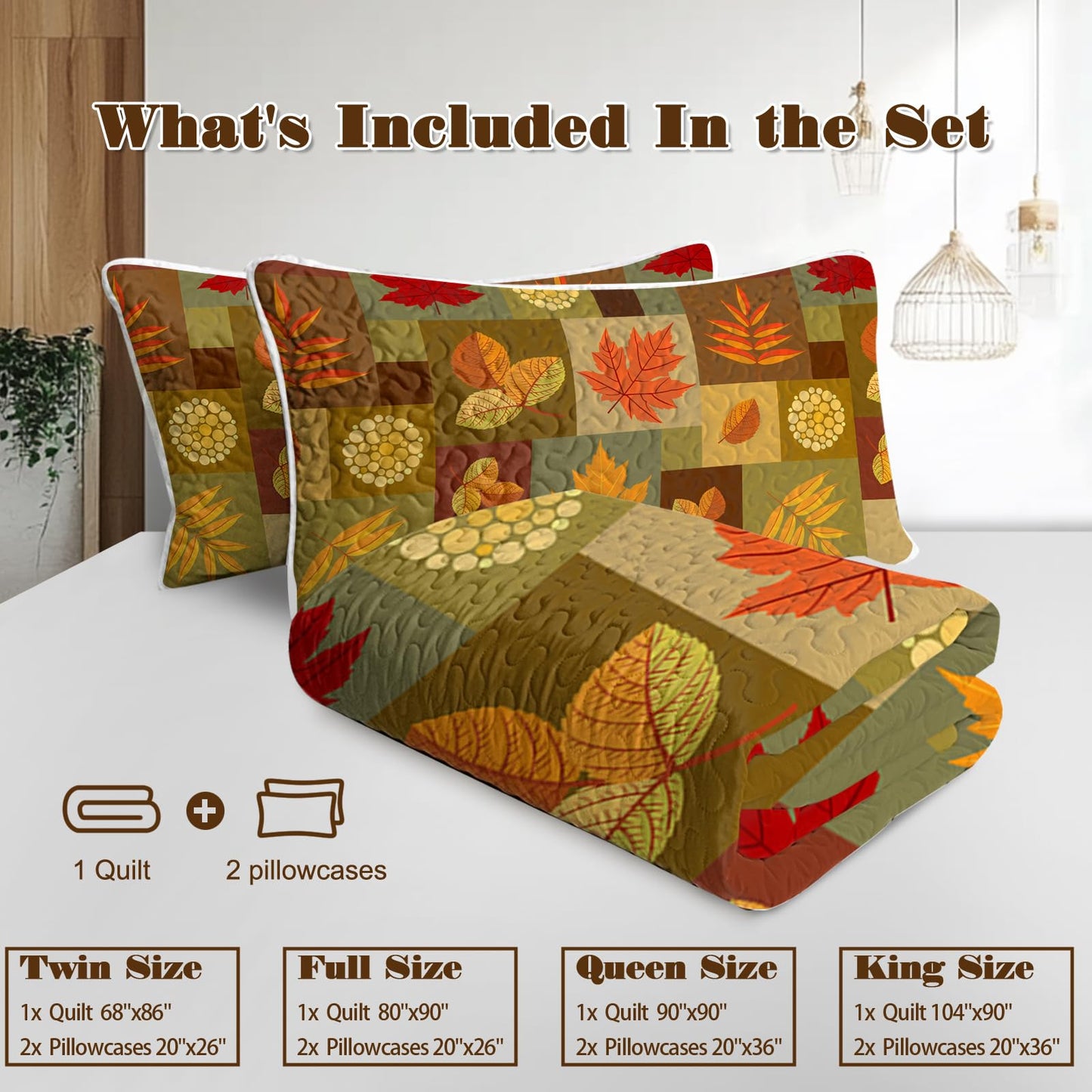 BlessLiving Fall Quilt Set King Size: Ultra-Soft Microfiber Autumn Leaves Pattern Bedspread Coverlet Quilted Bedding Set, 3 Piece Autumn Bed Cover with 2 Pillow Shams for Thanksgiving Bedroom Decor