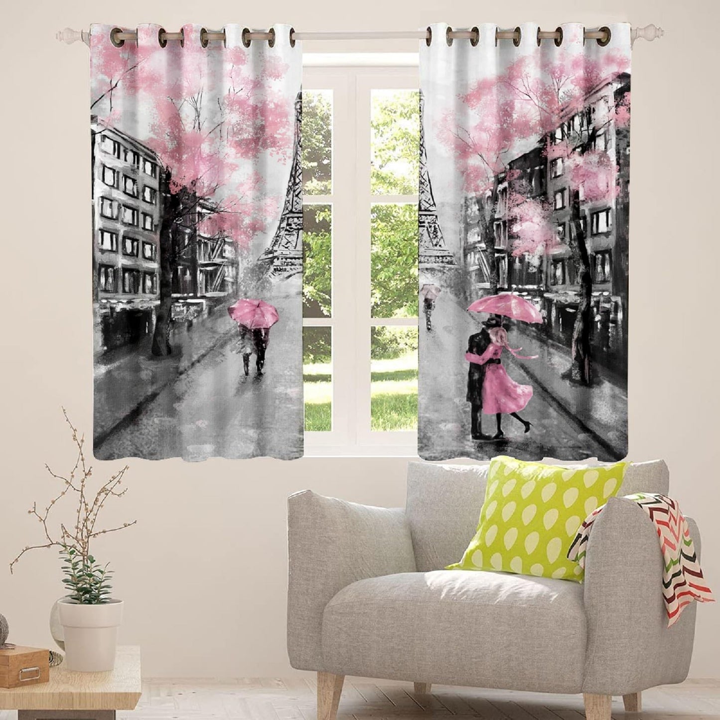 kxry Pink Paris Eiffel Tower Blackout Curtains for Bedroom Living Room French Style Darkening Grommet Curtain 84 Inches Long Window Drapes Treatment Room Decor,2 Panels Set, 52''W x 84''L