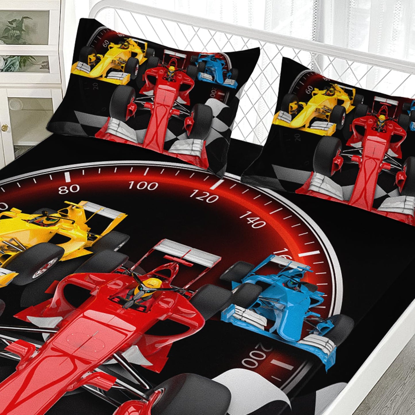 AILONEN Red Racing Car Fitted Sheet Set,Black and White Grid Extreme Sport Bed Sheet Set Queen Size,Speed Dial Pattern Bedding Set for Kids Boys,1 Fitted Sheet 2 Pillowcases,3-Piece,Soft Microfibre