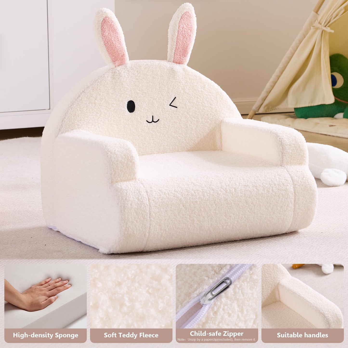 Karl home Toddler Chair Comfy, Toddler Reading Chair, Cute Animal Series Kid's Chair, Foam Kids Sofa with Soft Teddy Plush, Outdoor Furniture for Backyard Patio Garden Playroom Preschool, White Bunny