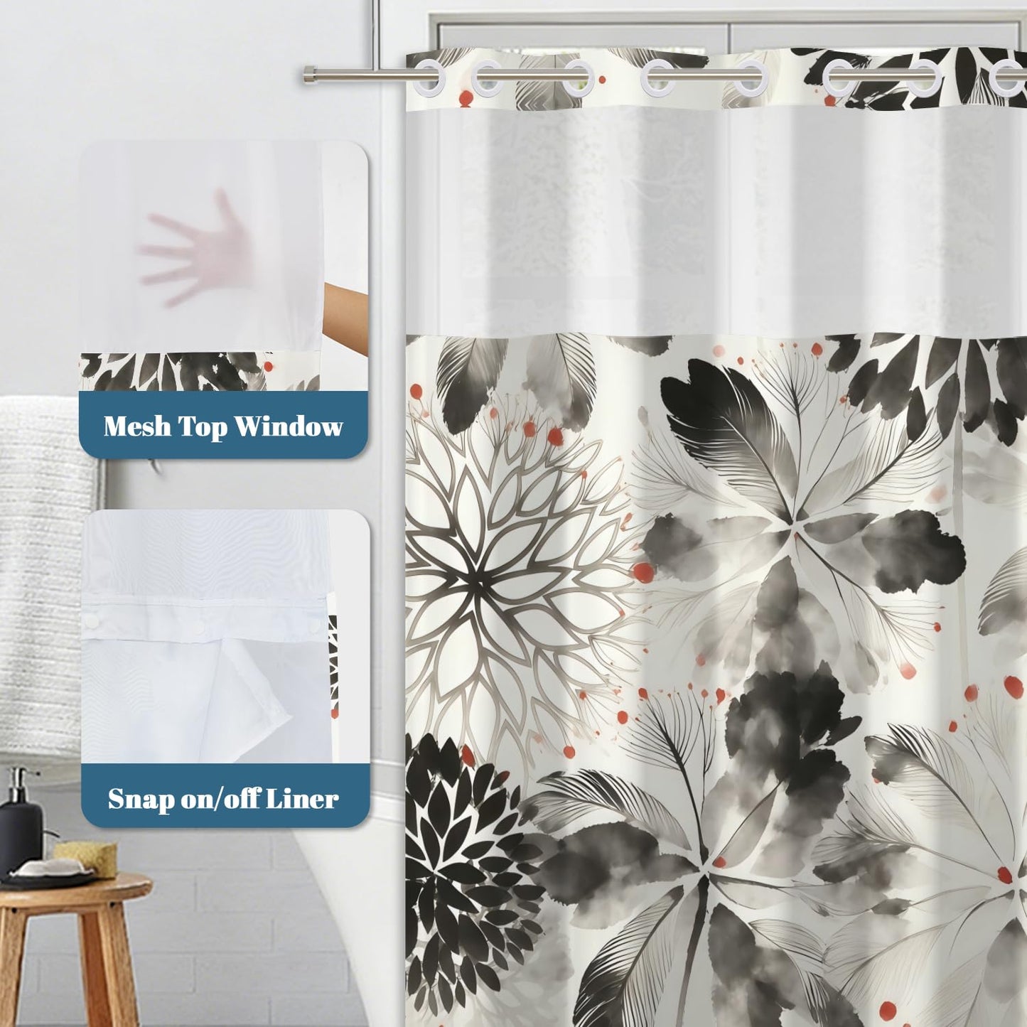 Xiazhilaio Black Floral Shower Curtain with Snap in Liner, 71x74 Inch