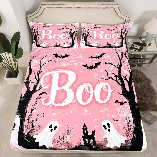 Feelyou Kids Halloween Fitted Sheet Full Size, Pink Ghost Bed Sheet Set Boys Girls Horror Decor Bedding Set Boo Teens Bedroom Decor 3Pcs (No TOP Sheet)
