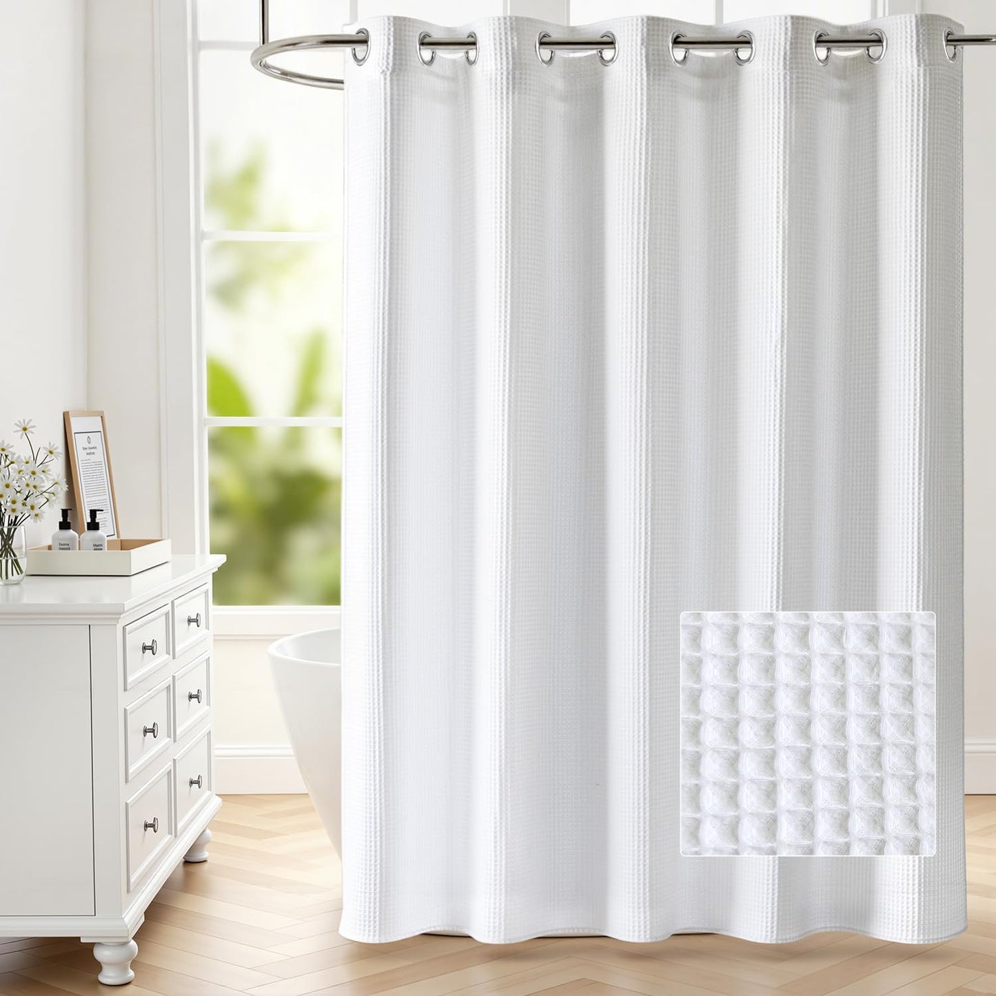 River Dream Waffle No Hooks Shower Curtain with Snap in Liner,Cotton Blend Fabric Shower Curtain for Bathroom,Hotel Quality,White,71 Wx 74 L