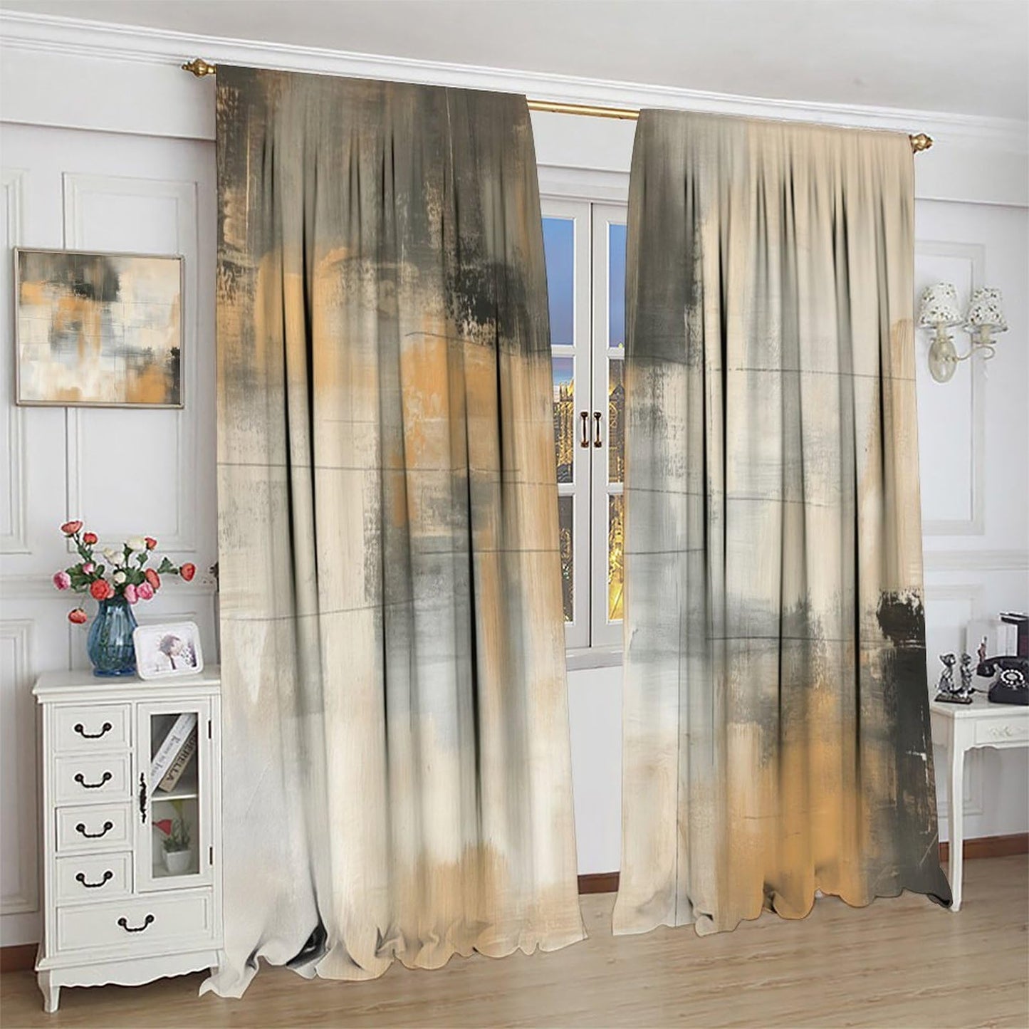 Abstract Beige Gray Taupe Curtains, Rod Pocket Black Tan Neutral Art Painting Modern Window Drapes for Living Room Bedroom, 20.5" W x 44.5" L, 2 Panels （No Blackout）
