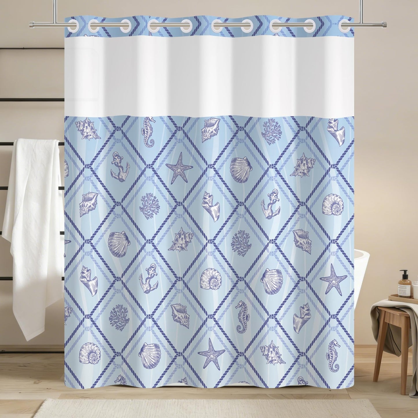Xiazhilaio No Hook Ocean Shower Curtain with Snap in Liner 71W x 74H