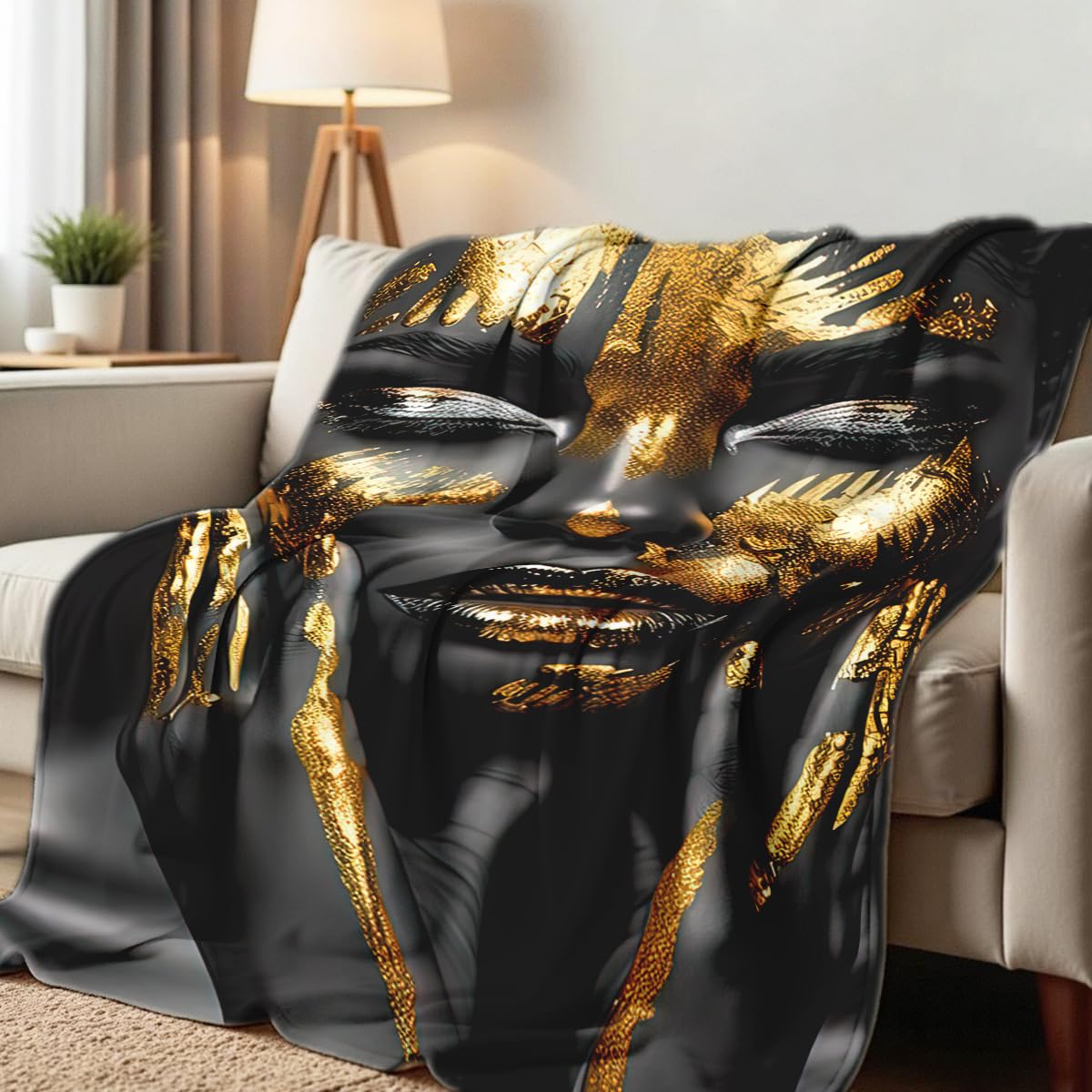 HUNXIAOJ African American Woman Blanket Throw Black Gold Print Flannel Blanket Gifts for Girls Female Women African American Couch Bed Living Room Home Decor 49"x59"
