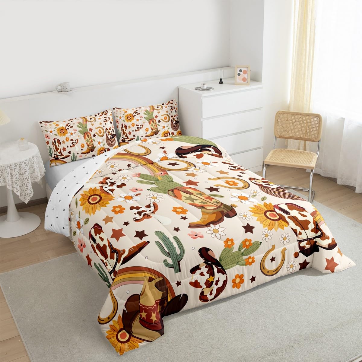 Feelyou Western Bedding Set Soft for Boys Girls, Cowgirl Floral Comforter Set Full Size Western Cowboy Boots Duvet Quilt Wild West Cactus Flower Bedroom Decor Light Beige 3 Pcs with 2 Pillow Cases