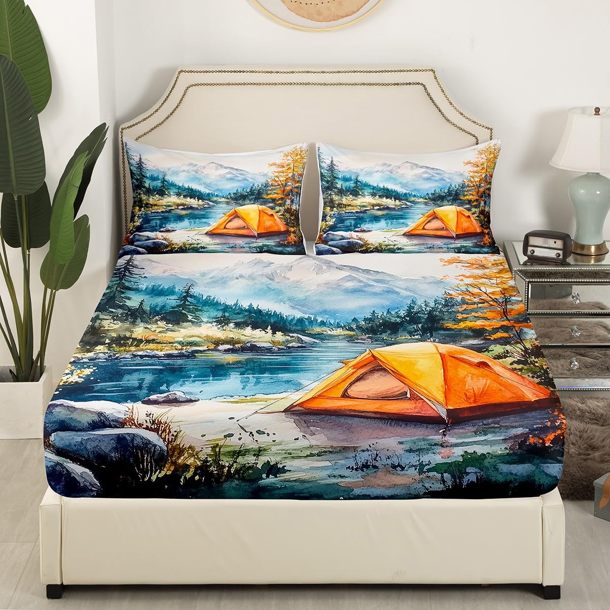 Erosebridal Happy Camping Bed Set Full,Outdoors Natural Camper Decor Bed Sheets Set Rustic Farmhouse Flat Fitted Sheet for Kids Adults Jungle Tree Country Bedding Sets with 2 Pillow Cases