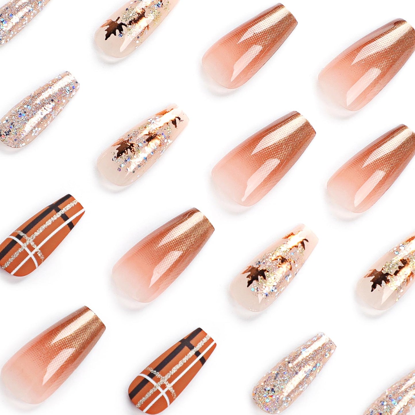 MISUD Press on Nails - Long Coffin Fake Nails with Fall Maple, Acrylic Autumn Design 24 pcs