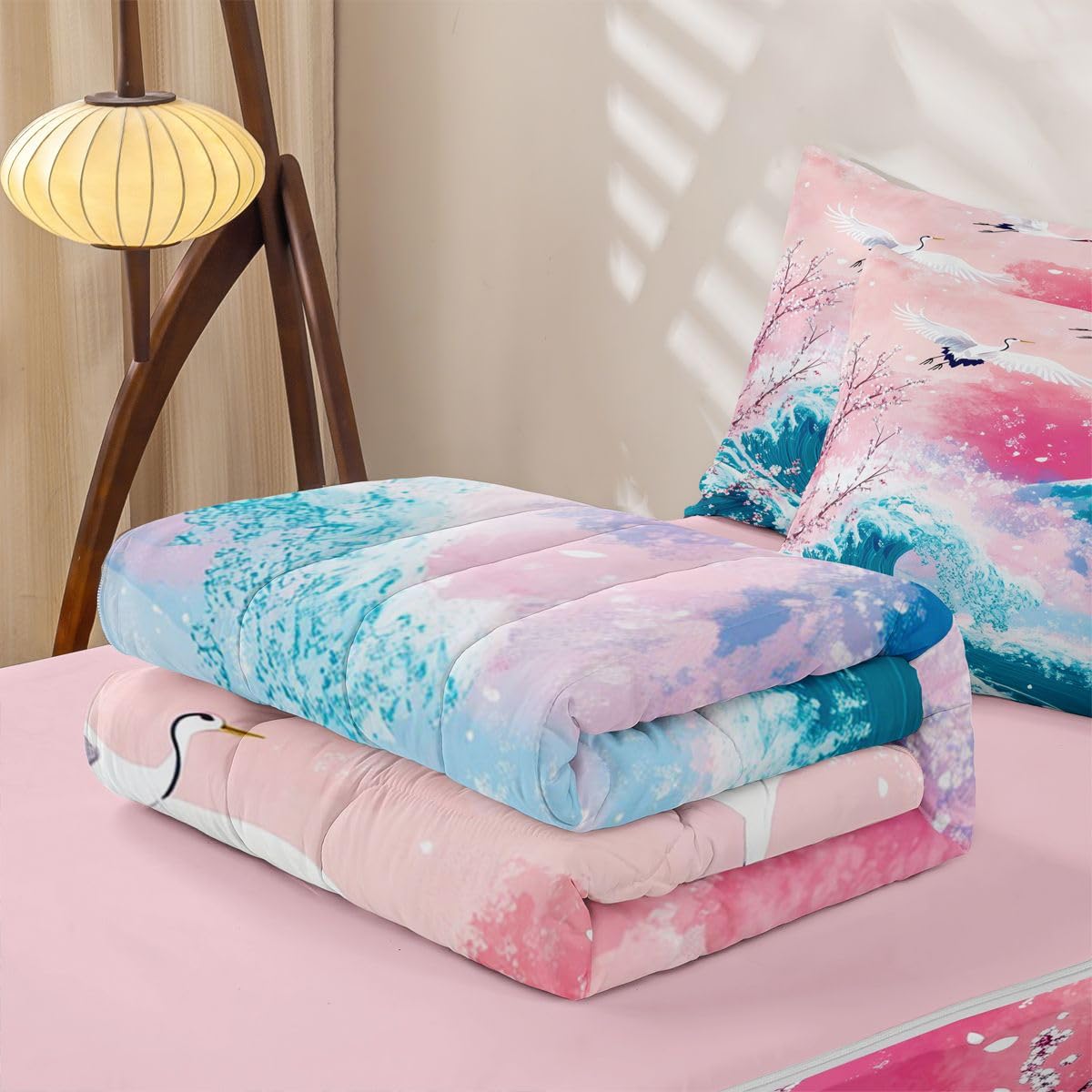 Erosebridal Pink Ocean Waves Zipper Bedding Twin Size, Japanese Style Kids Comforter Set - Japanese Cherry Blossom Fuji Mountain Zip Up Comforter Bed in A Bag