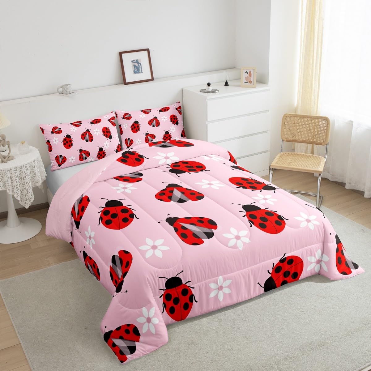 Feelyou Ladybug Comforter Set Ladybug Gifts for Girls Boys Cute Bug Comforter Queen Size Garden Farmhouse Animal Bedding Set Pink Duvet Set Quilt Set 3Pcs