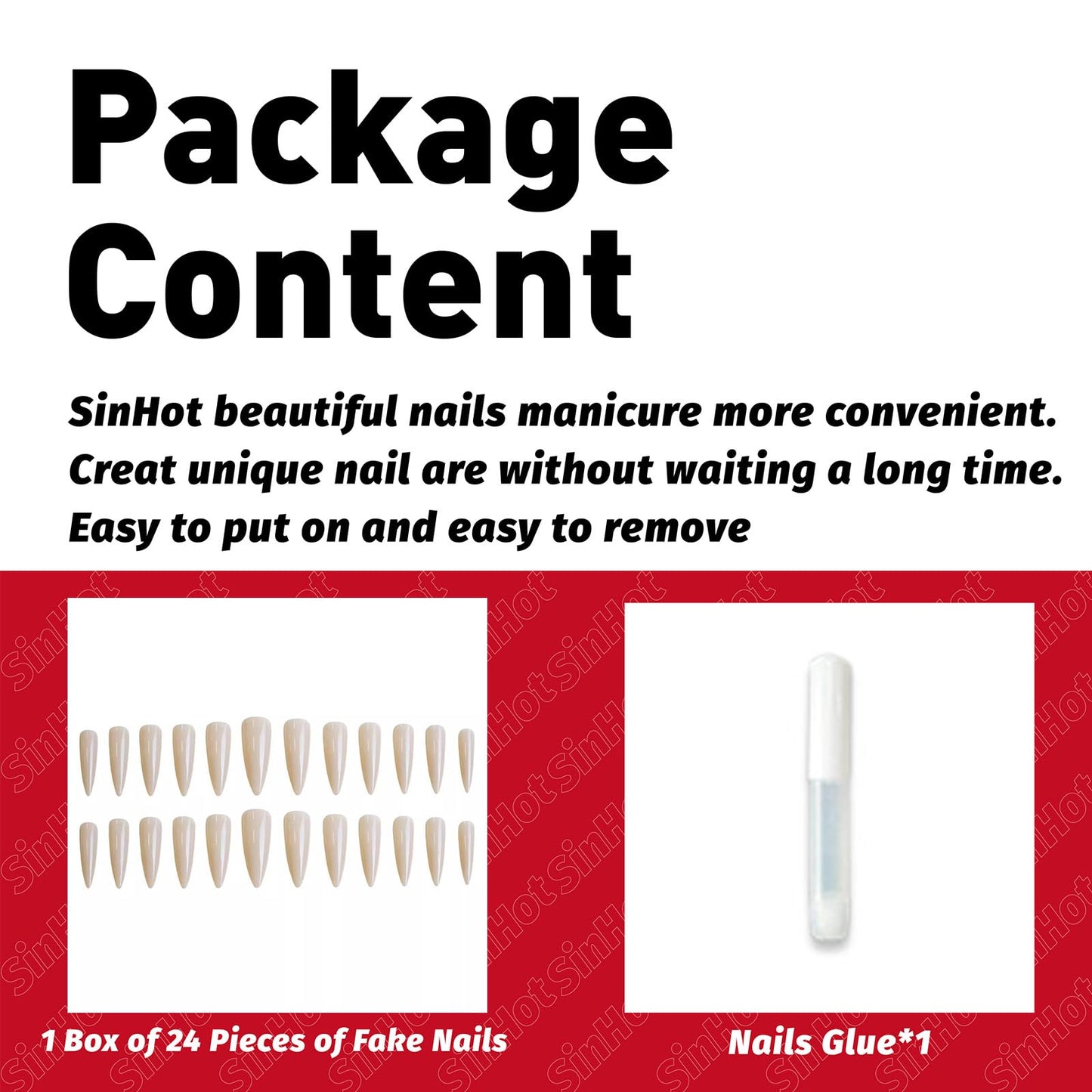 SINHOT Stiletto Press on Nails - Long Fake Nails, Glossy Finish, Nude Natural Design, DIY Artificial False Nail Art - 24 Pcs Nail Kit with Glue