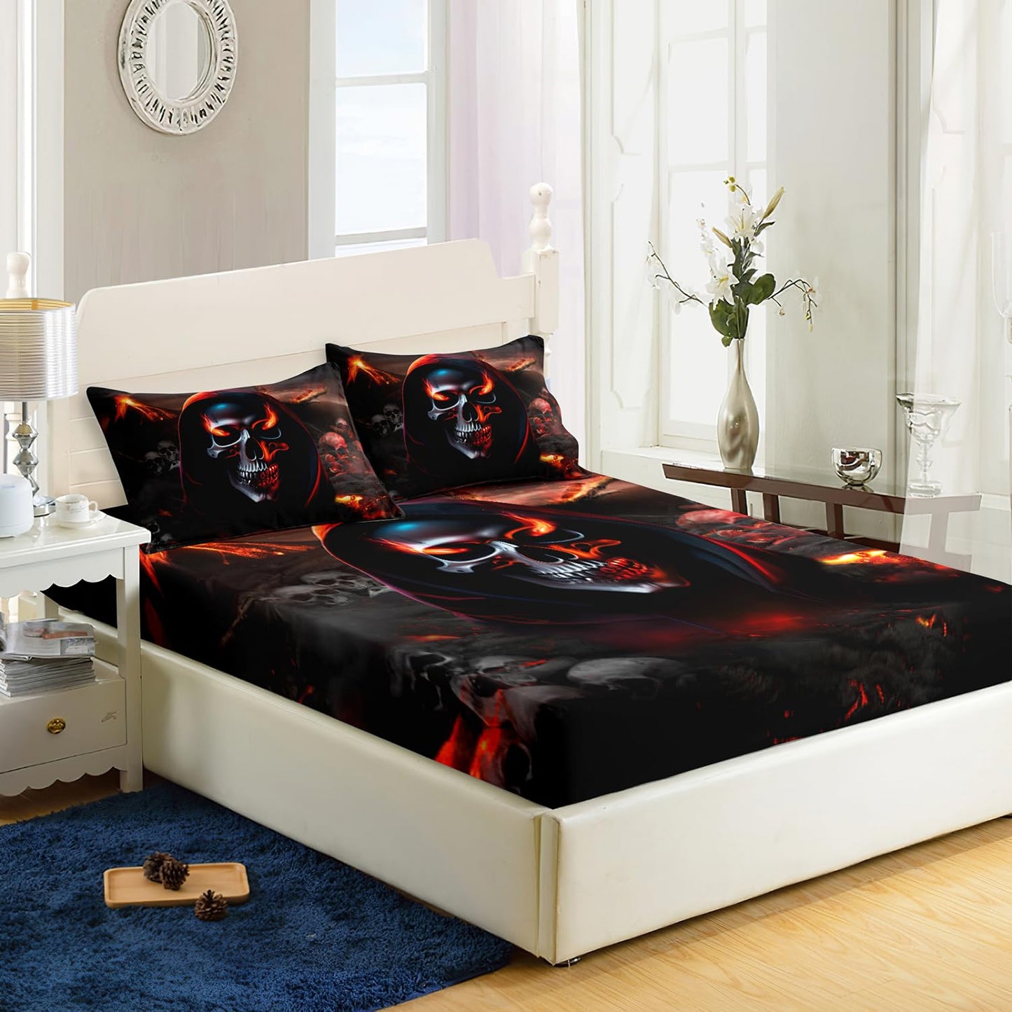 AILONEN Skull Fitted Sheet Twin XL Size, Halloween Bedding Set for Boys Girls, 3 Pieces (1 Fitted Sheet + 2 Pillow Cases)