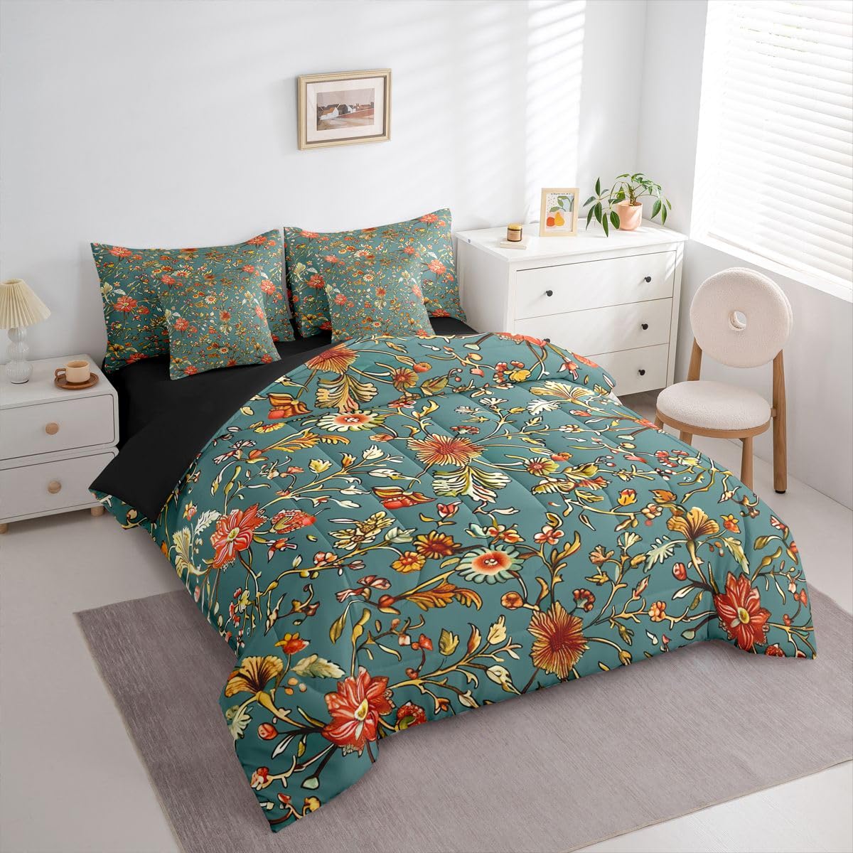 Erosebridal Flowers 7 Piece Bedding Set Twin Abstract Comforter Set with Sheets Botanical Petals Bud Daisy Farmhouse for Kids Boys Girls Hand Drawn Plants Floral Theme Bed in a Bag