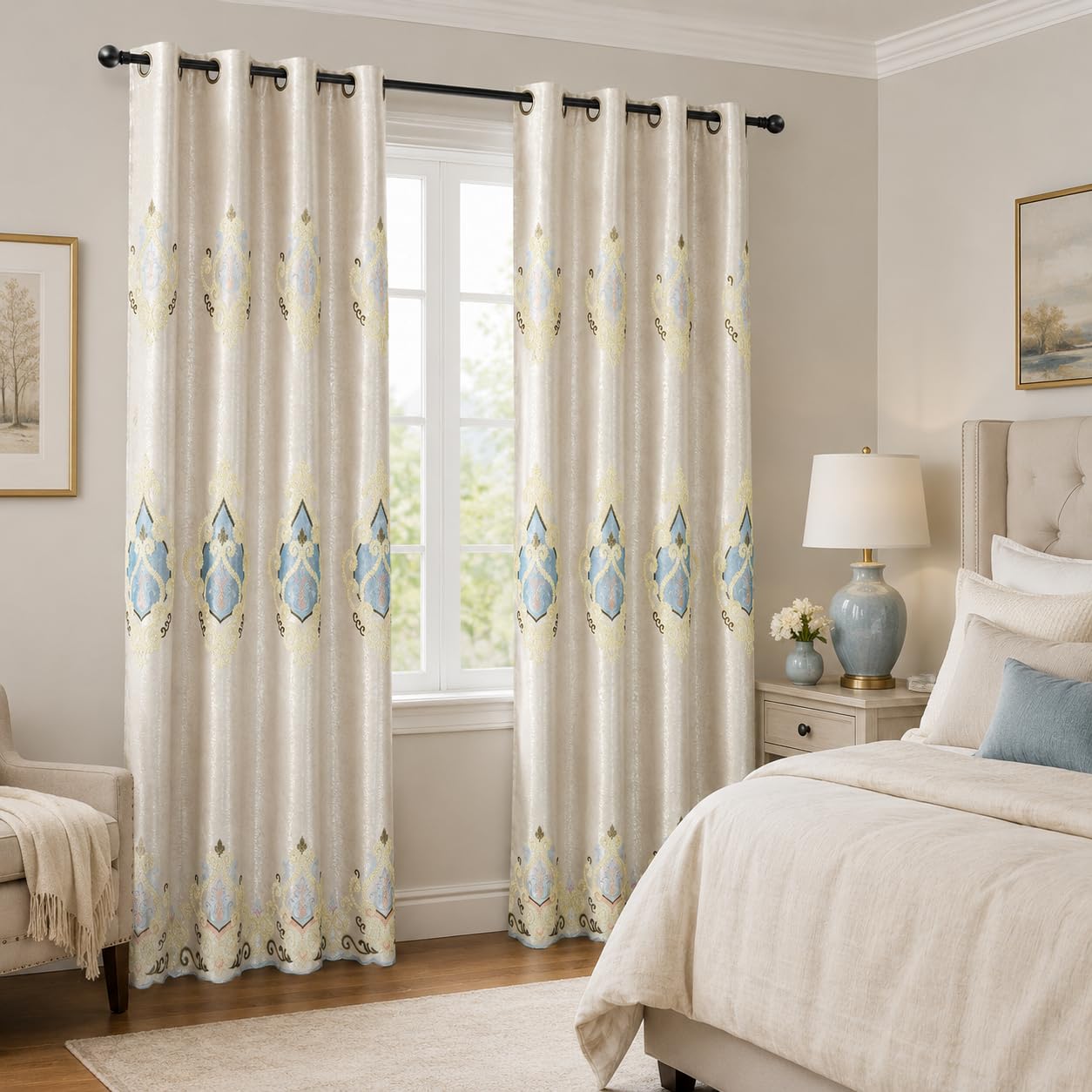 VOGOL Embroidered Curtains 84 inches Long Grommet Window Treatment Voile Panel Drape for Living Room Kitchen, Two Panels, W54 x L84 inch