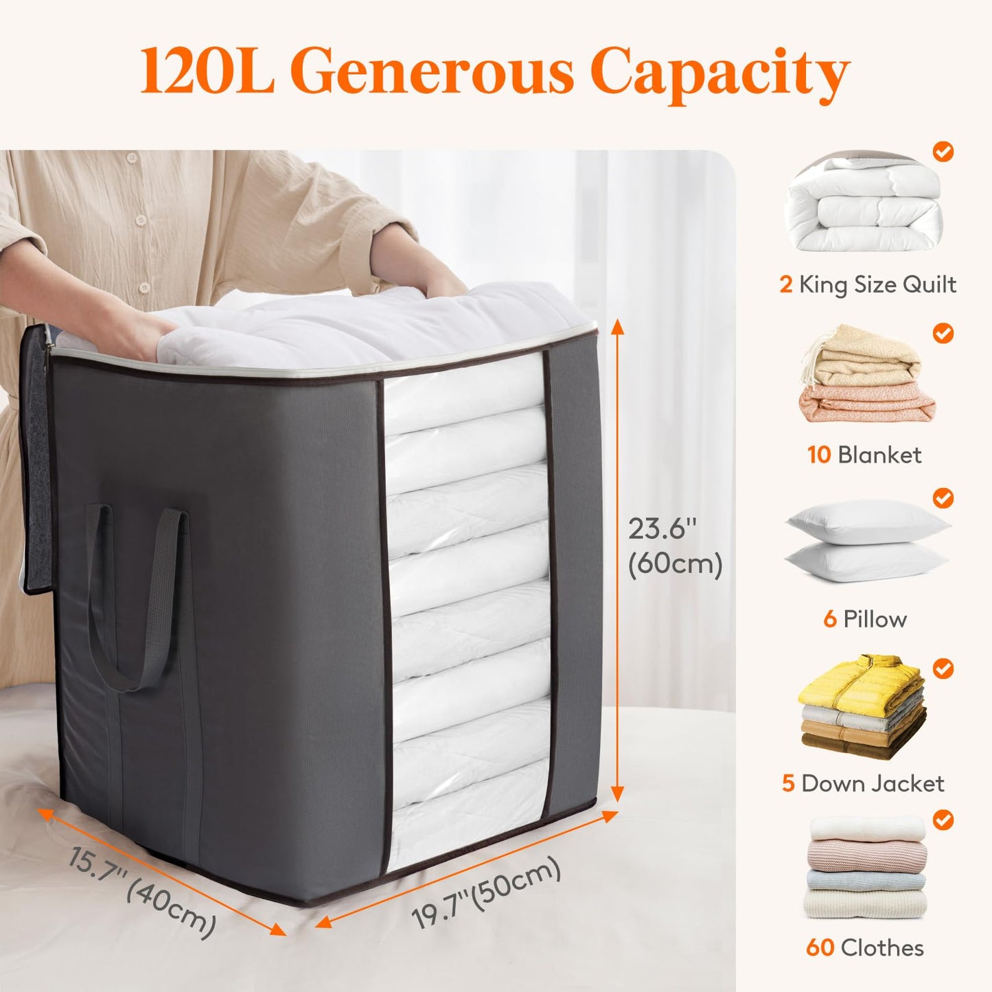 Lifewit 120L Extra Large Blanket Storage Bags, Foldable Comforter Storage with Reinforced Handles, Clothes Storage Containers for King Comforter, Bedding, Pillow, Sheet, Storage Bin with Lids 2 Pack