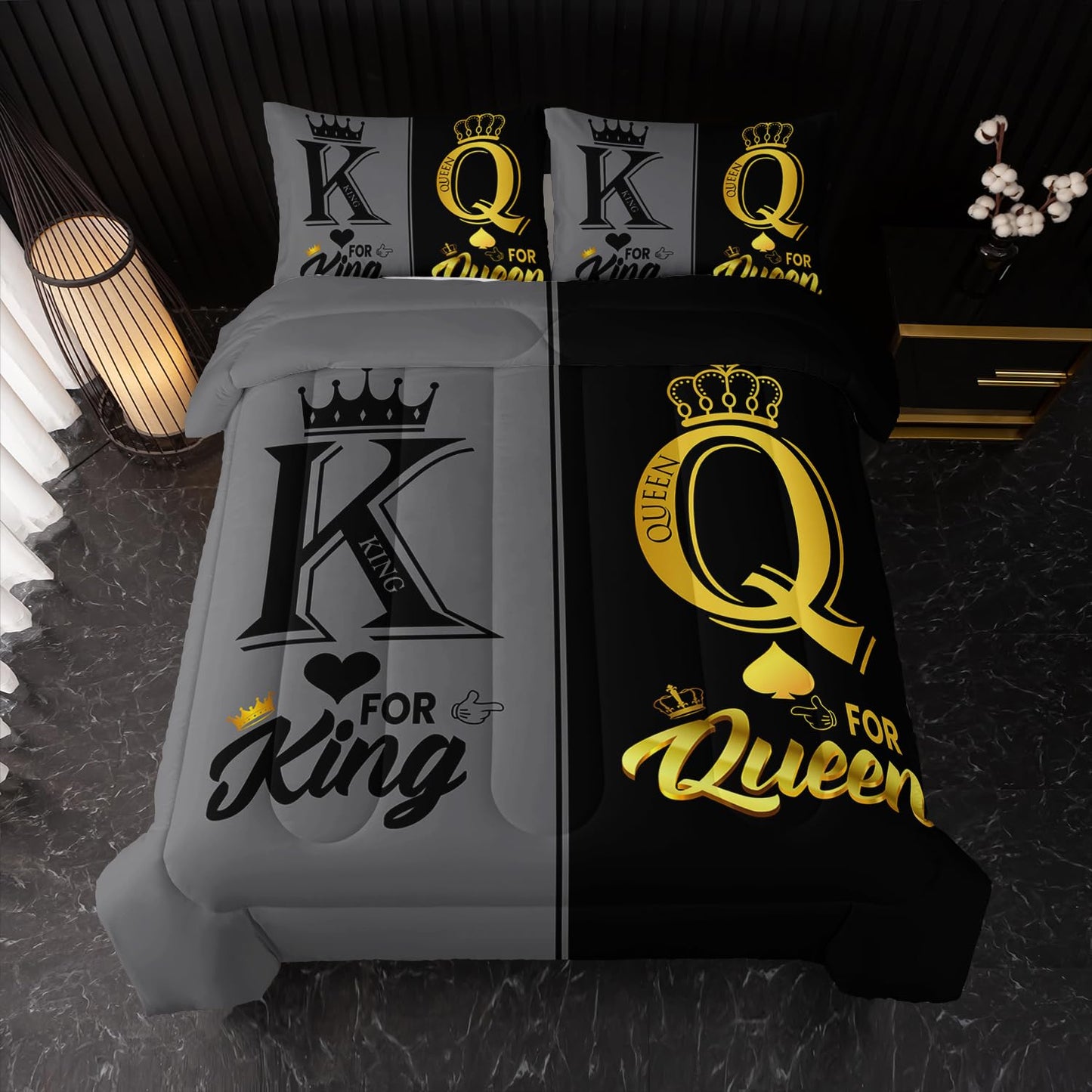 Nttopship King and Queen Crown Comforter Set Black and Gray Couple Bedding Set，3Pcs Mr Mrs Comforter Set for Adults Couple Men Women,His and Hers Quilt Set 2 Pillowcases Bedroom Decor Twin