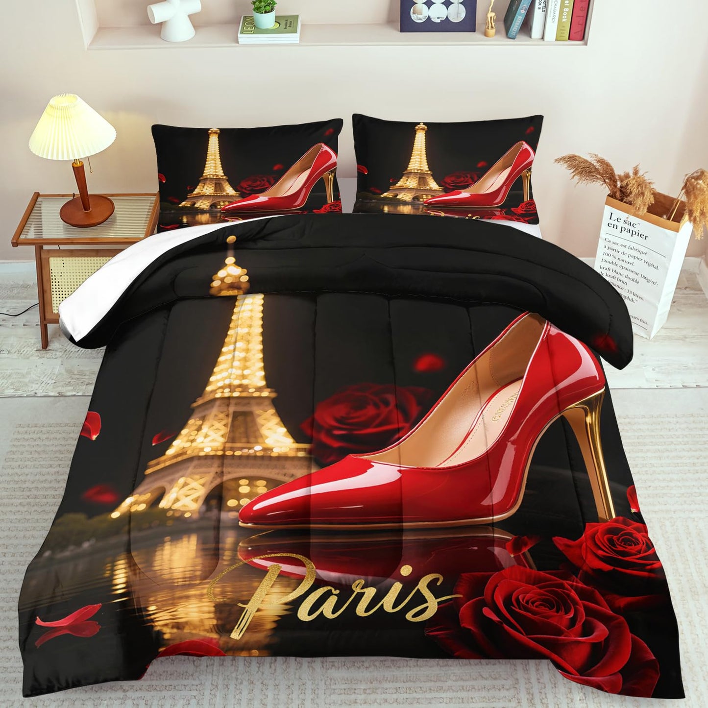 llyxsesty Paris Comforter Set Queen Women Eiffel Tower Bedding Set for Girls Red High Heels Comforter Queen Women Quilt Romantic Bedroom Decor Paris Bedding Rose Bed Decor