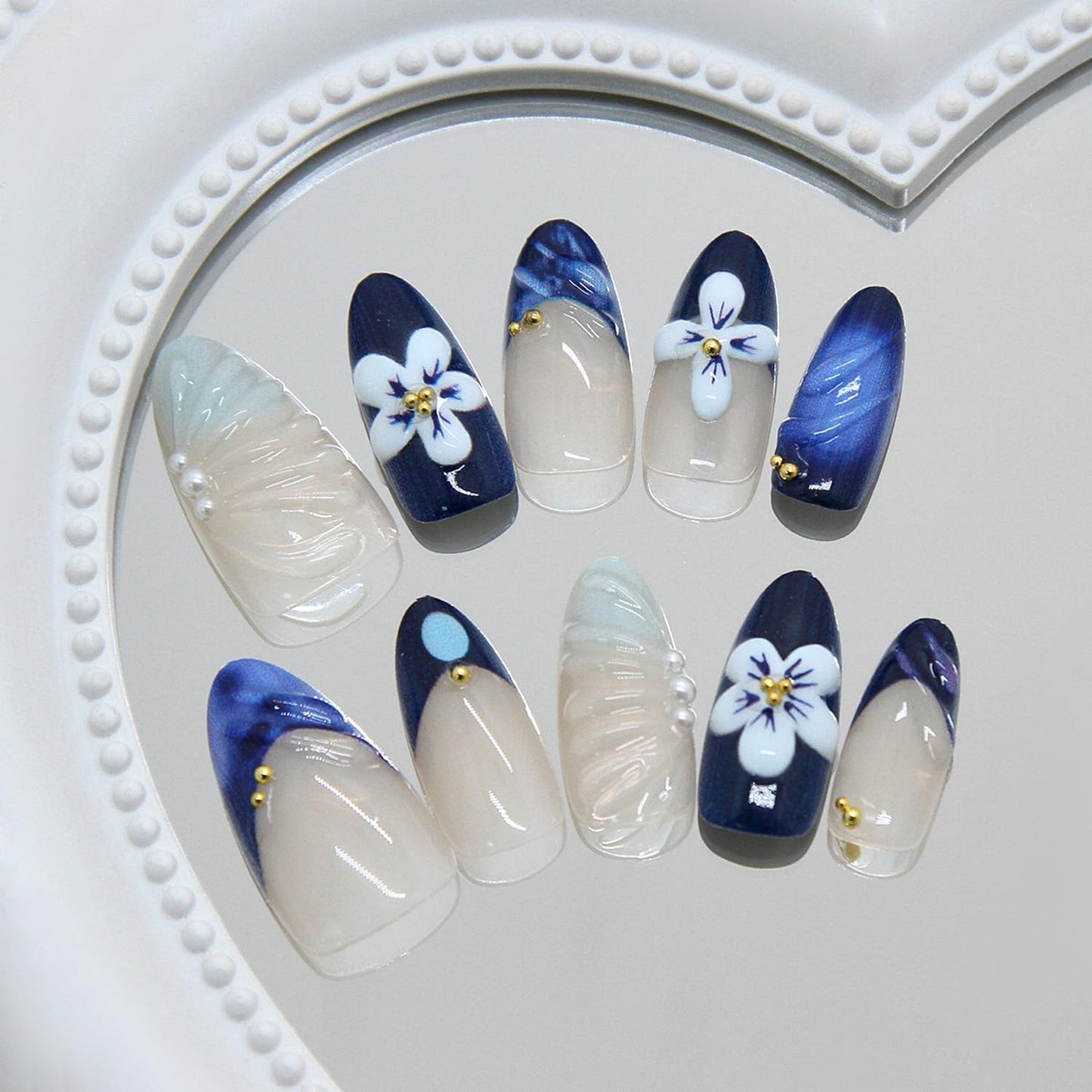 3D Blue & Nude Press On Nails - Medium Almond Fake Nails with Flower & Pearl Design, Glossy French Tip Glue On Nails for Women, Reusable Full Cover False Nails with Glue Tabs - 30Pcs Manicure