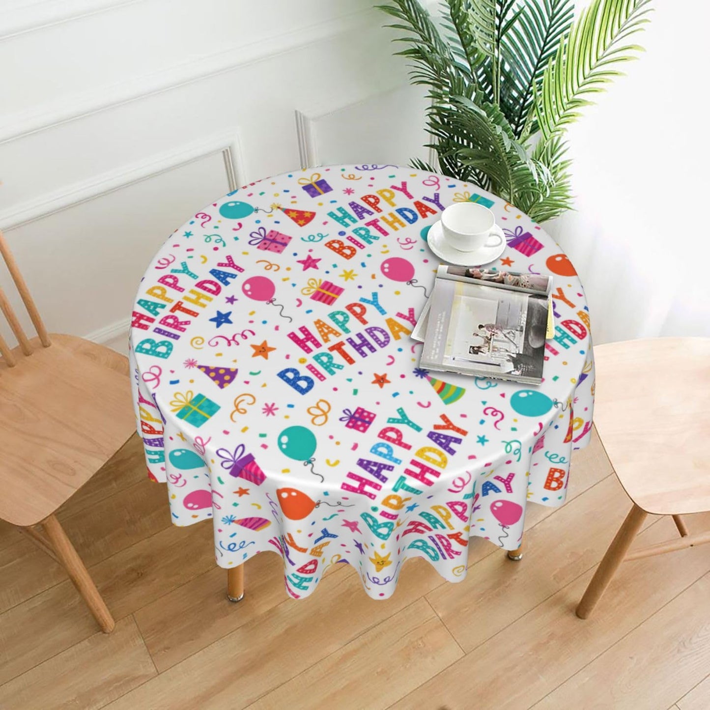 mutakin Happy Birthday Tablecloth Round Table Cloth Washable Rustic Table Cover for Decoration Kitchen Dining Room 60 Inch