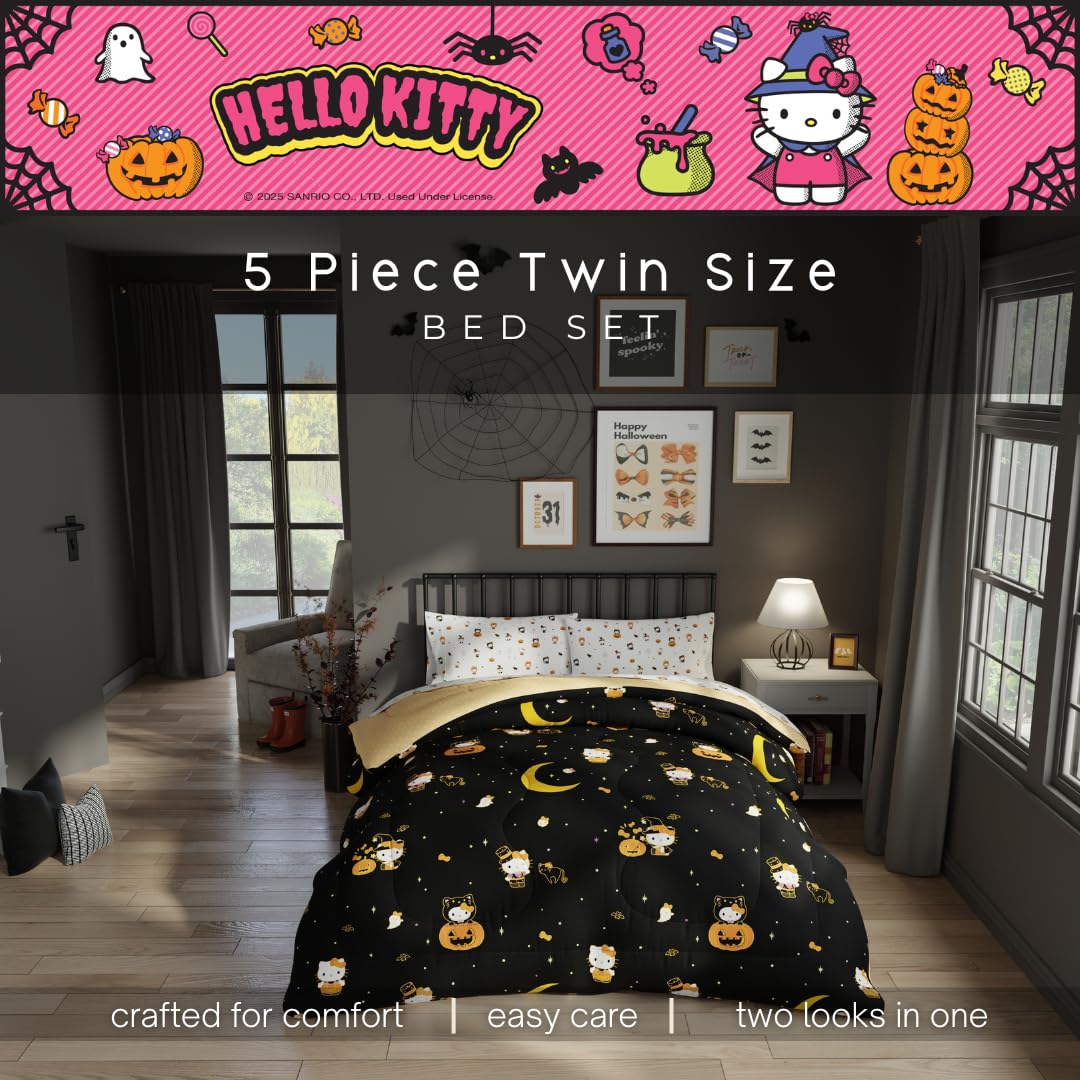 Sanrio Hello Kitty Halloween Pumpkin Twin Bed Set – Super Soft & Cozy 4 Piece Reversible Comforter and Sheet Set (Officially Licensed Product) by Franco