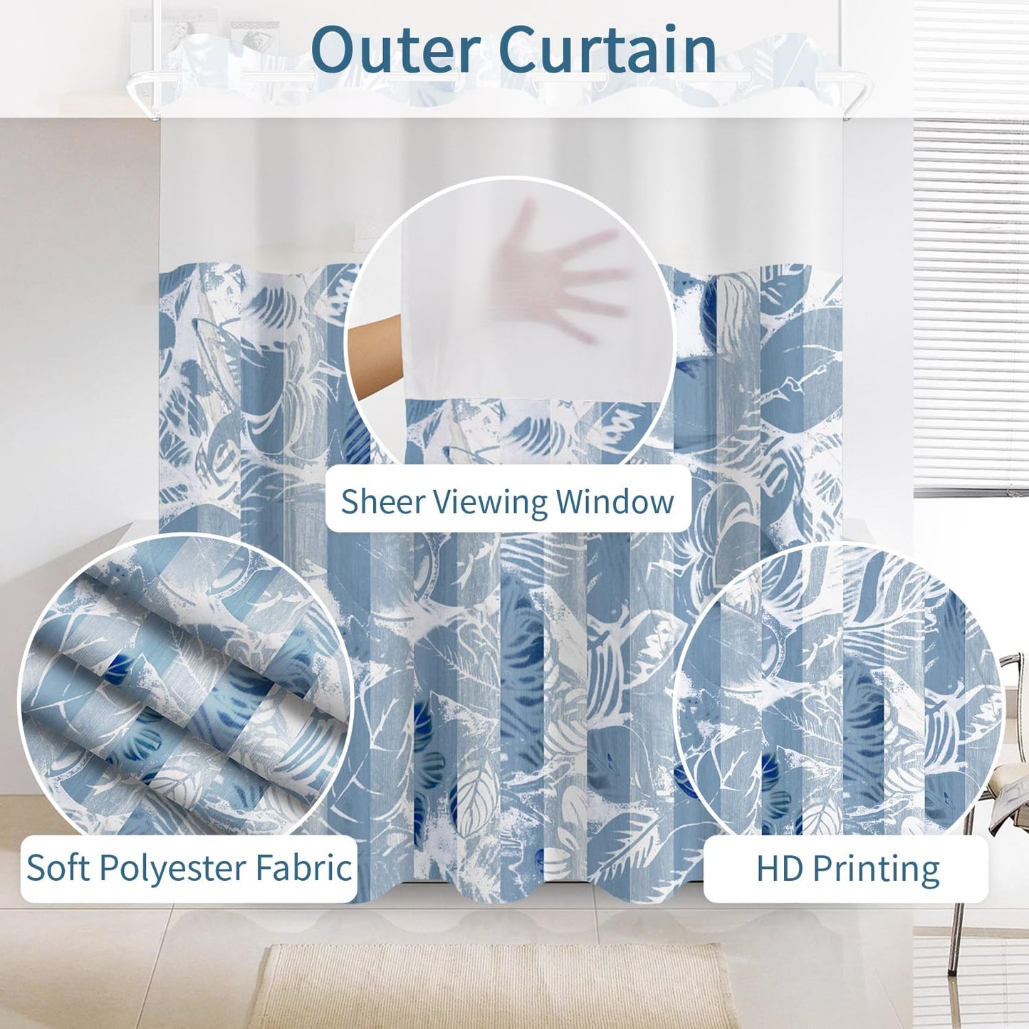 NAEMBCU Blue Striped No Hook Shower Curtain with Snap in Liner Set 71x74in