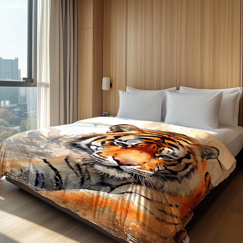 HUNXIAOJ Tiger Throw Blanket Tiger Gift for Kid Animal Print Blankets Queen Size Soft Warm Flannel for Sofa Bed (50 in x 60 in)